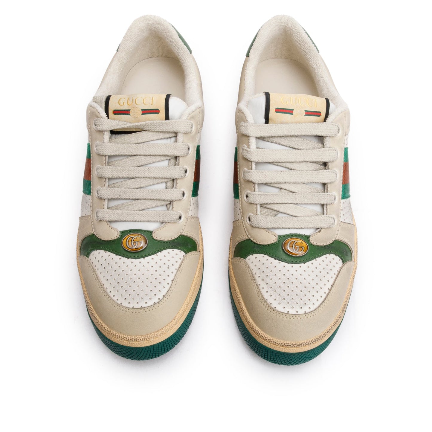 Gucci Beige, Green & White Leather Web Screener Sneakers, Men's Size 40.5