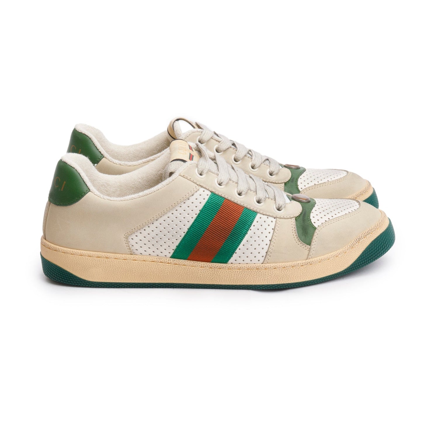 Gucci Beige, Green & White Leather Web Screener Sneakers, Men's Size 40.5
