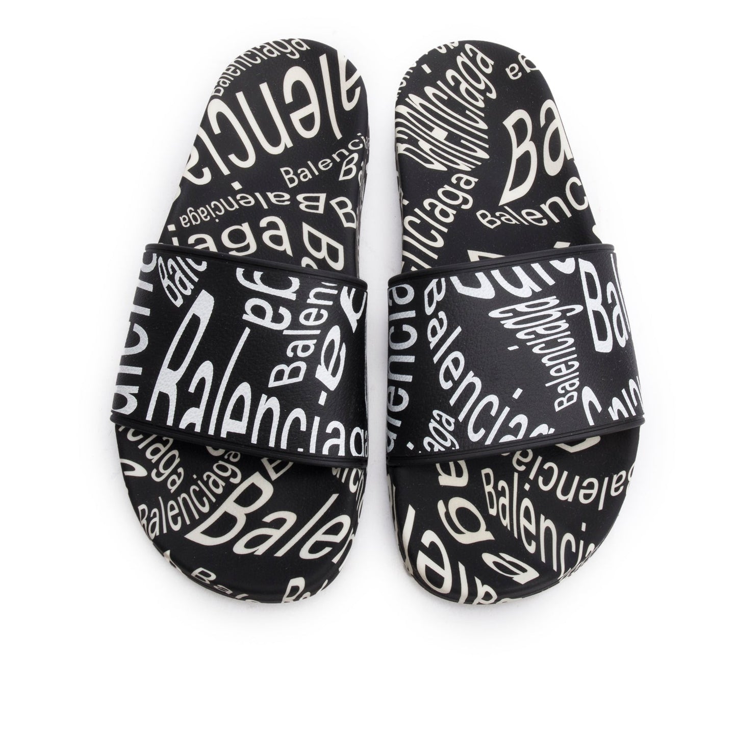 Balenciaga Black/White Rubber All Over Logo Print Pool Slide Sandals, Size 39
