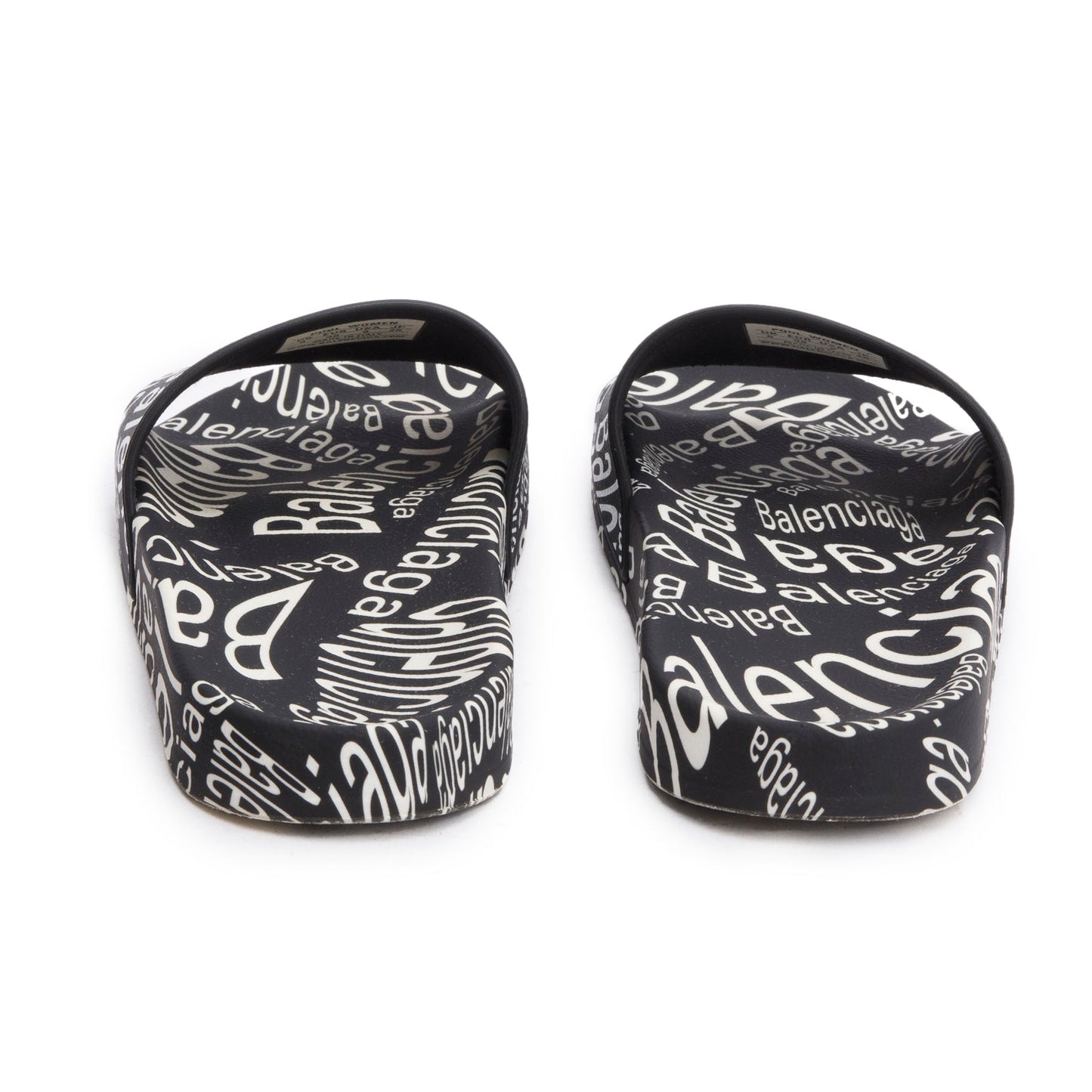 Balenciaga Black/White Rubber All Over Logo Print Pool Slide Sandals, Size 39