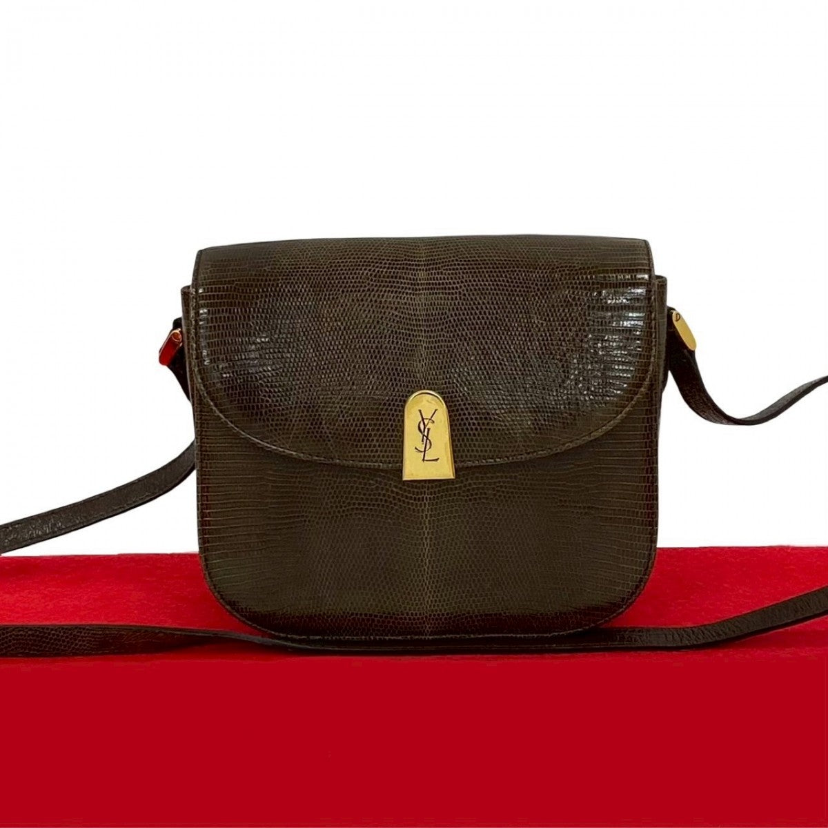 YVES SAINT LAURENT Shoulder Bag leather Brown YSL logo Metal Women