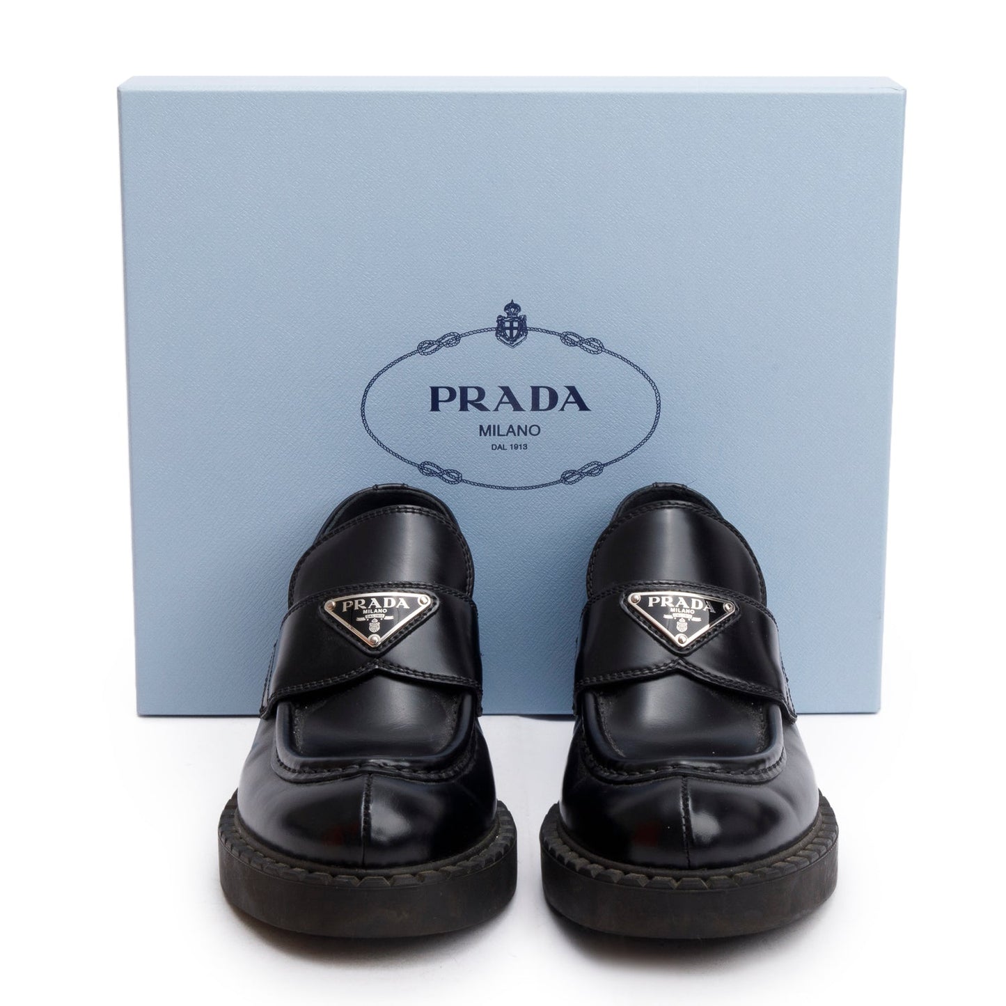 Prada Black Brushed Calfskin Leather Metal Triangle Logo Loafers