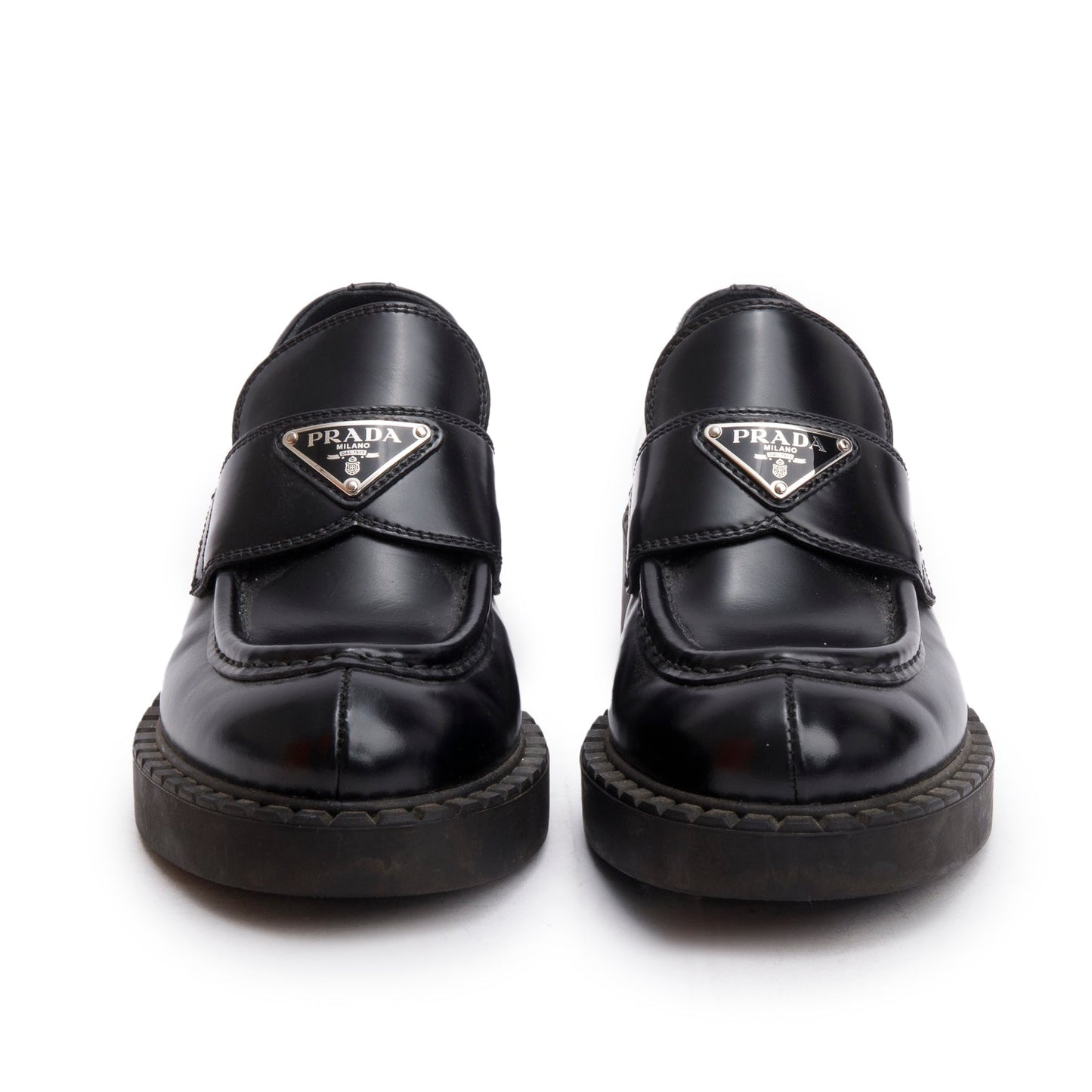 Prada Black Brushed Calfskin Leather Metal Triangle Logo Loafers