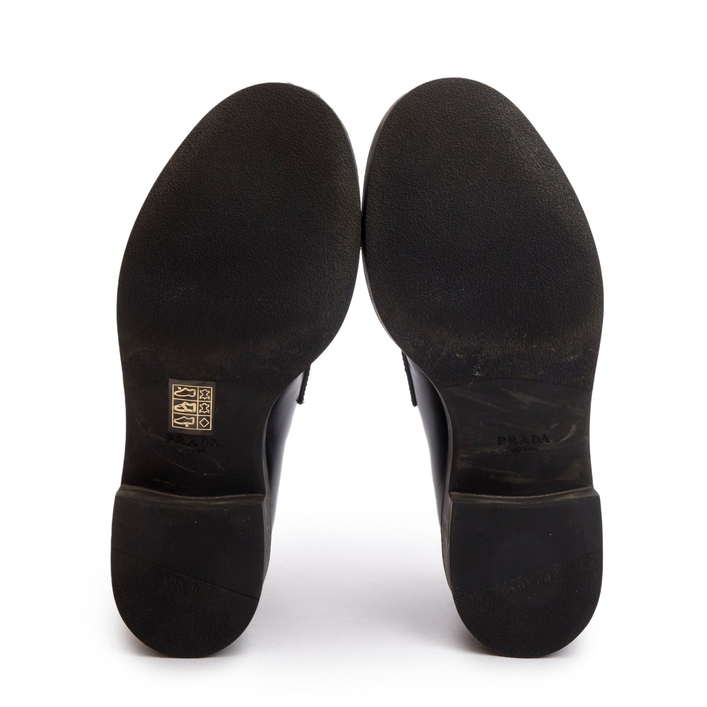 Prada Black Brushed Calfskin Leather Metal Triangle Logo Loafers