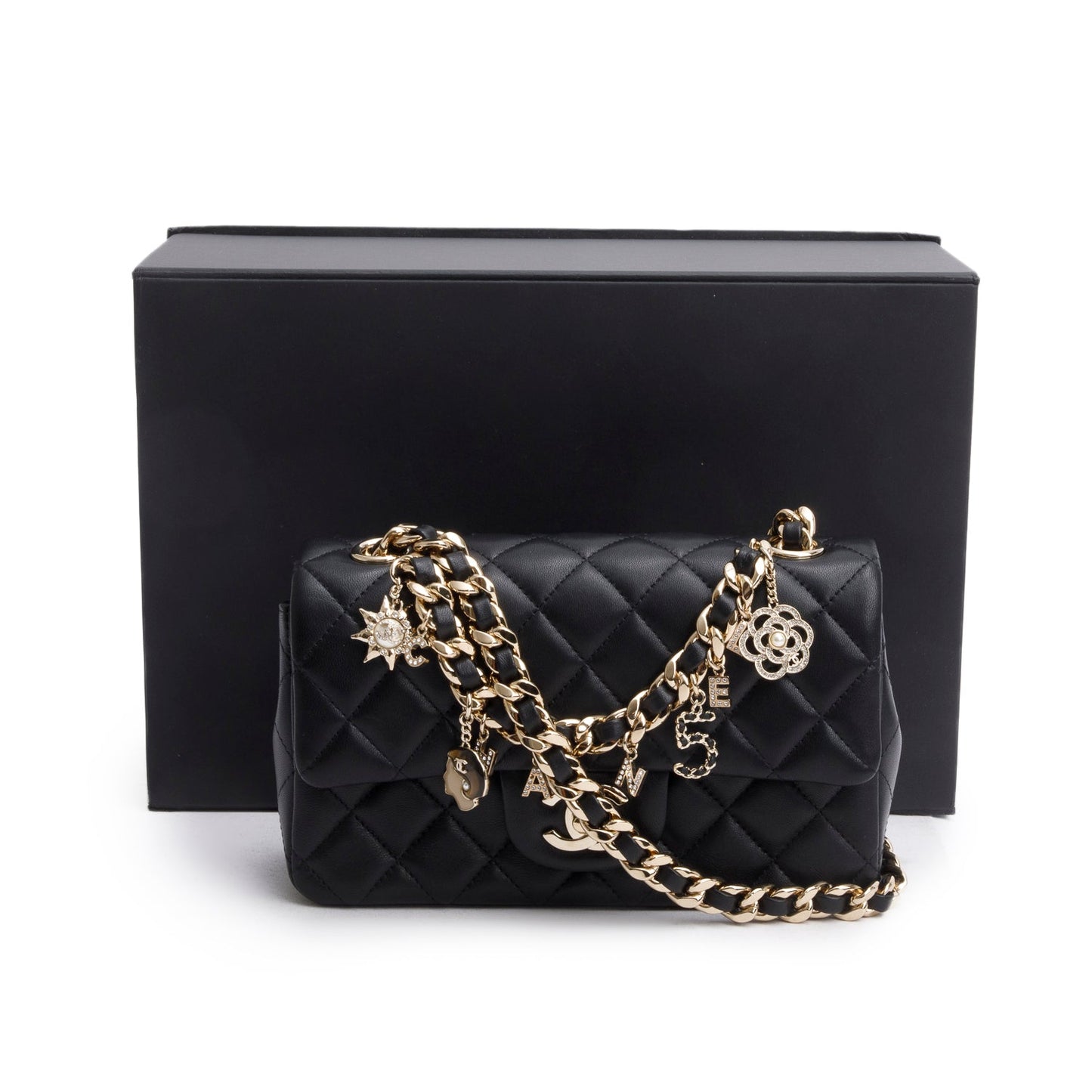 Chanel 2020 Black Lambskin Mini Coco Charms Rectangular Flap