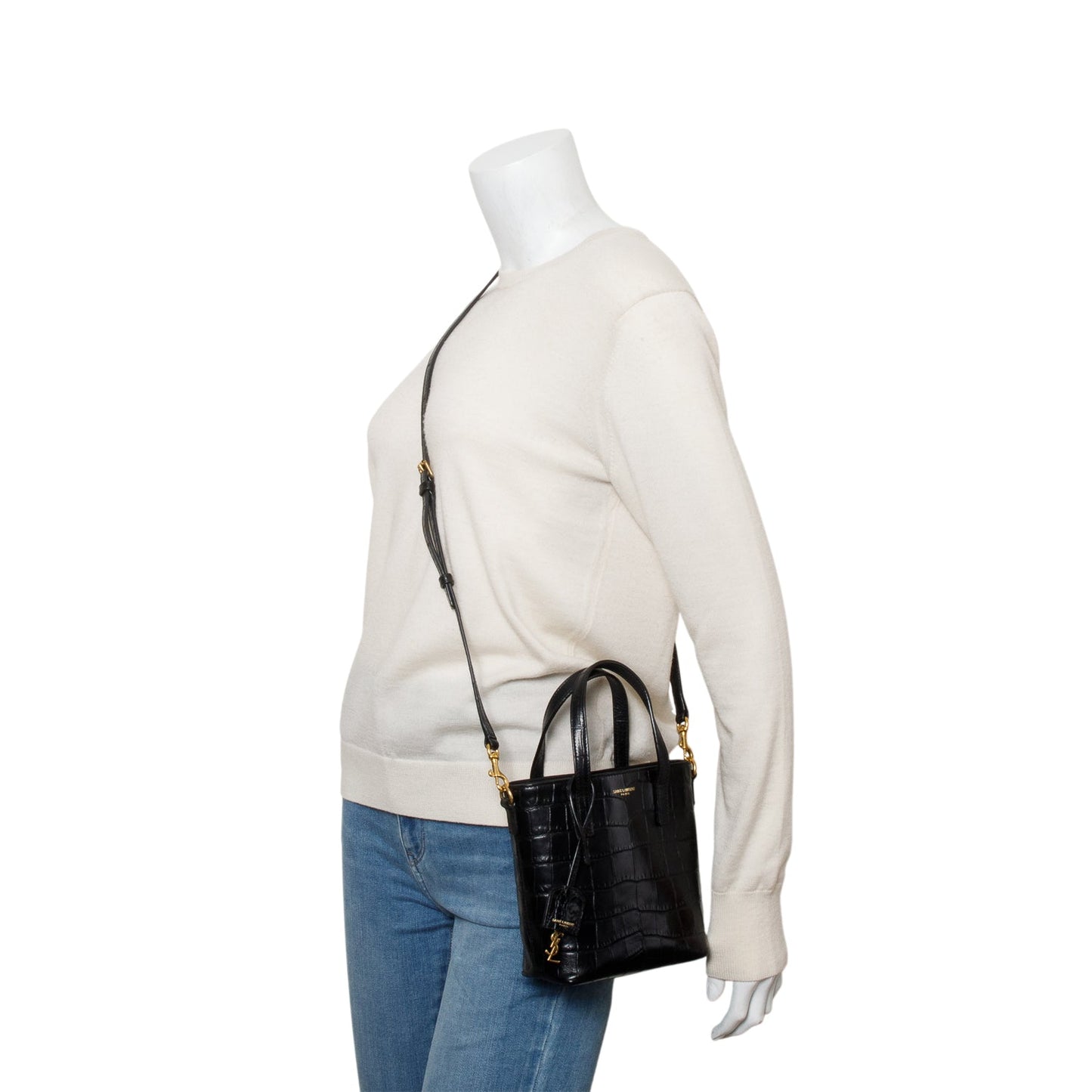 Saint Laurent 2025 Black Croc Embossed Calfskin Mini Toy Shopper Tote