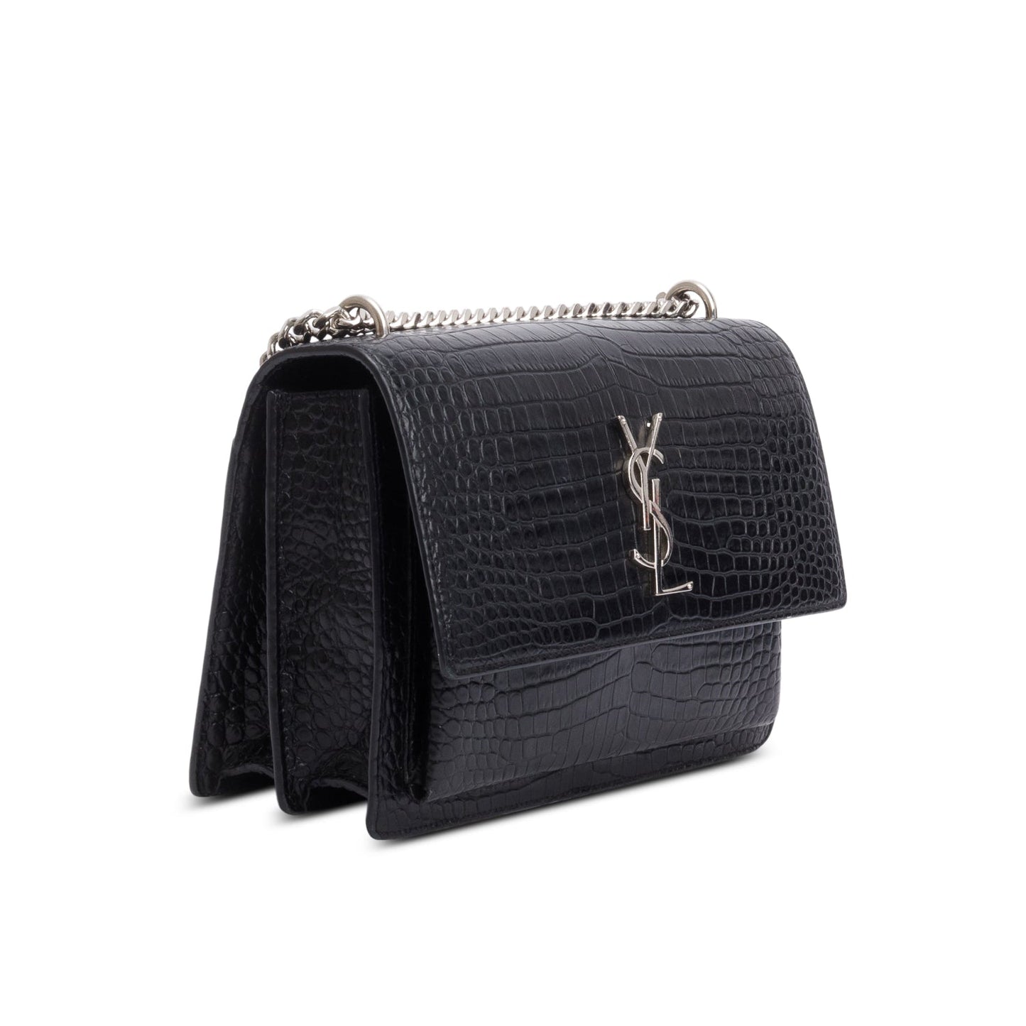 Saint Laurent Black Croc Embossed Calfskin Medium Sunset Bag