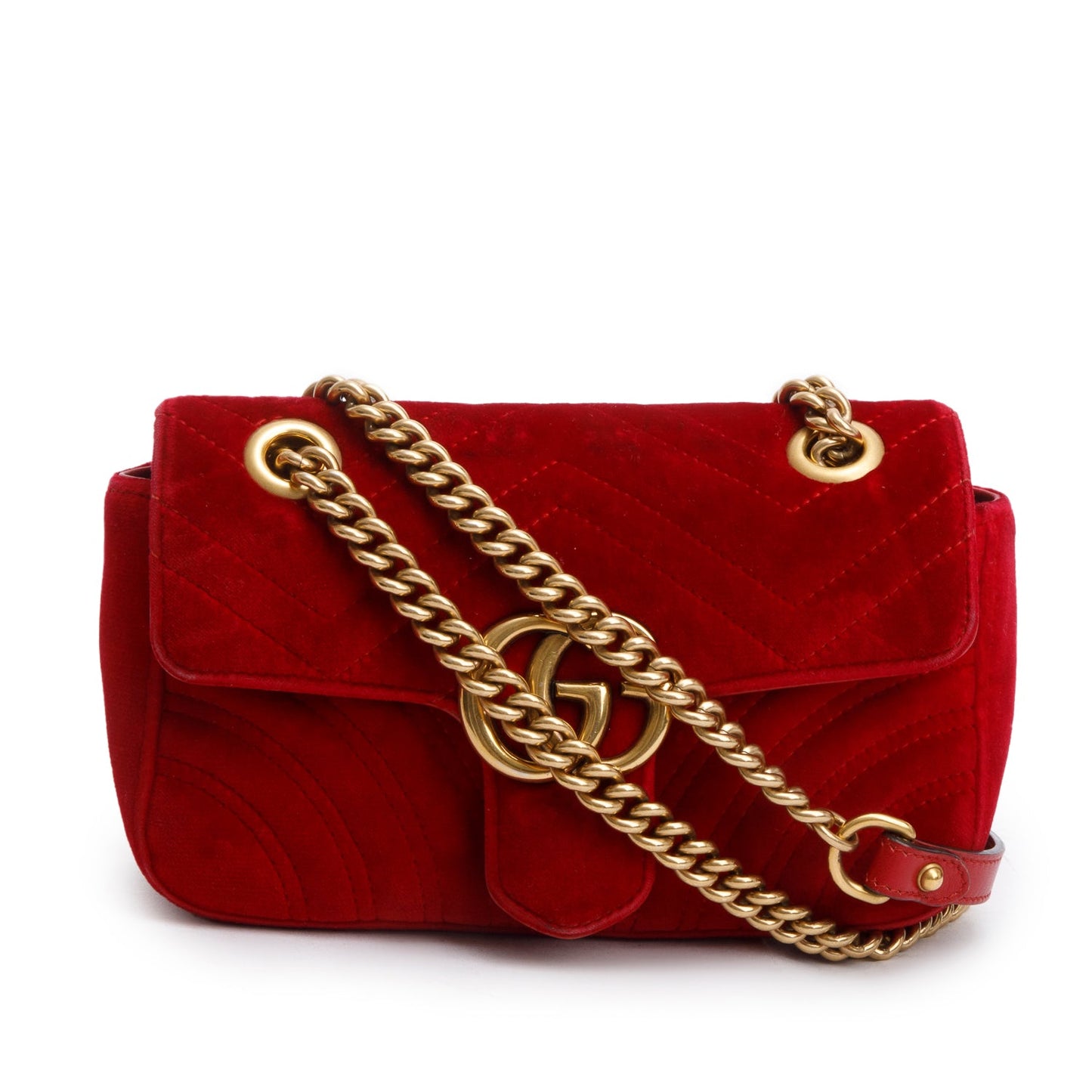 Gucci Red Velvet Matelasse Small GG Marmont Shoulder Bag