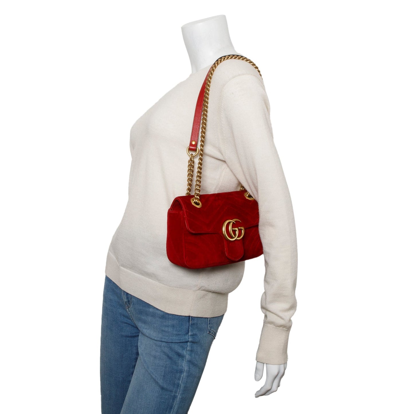 Gucci Red Velvet Matelasse Small GG Marmont Shoulder Bag