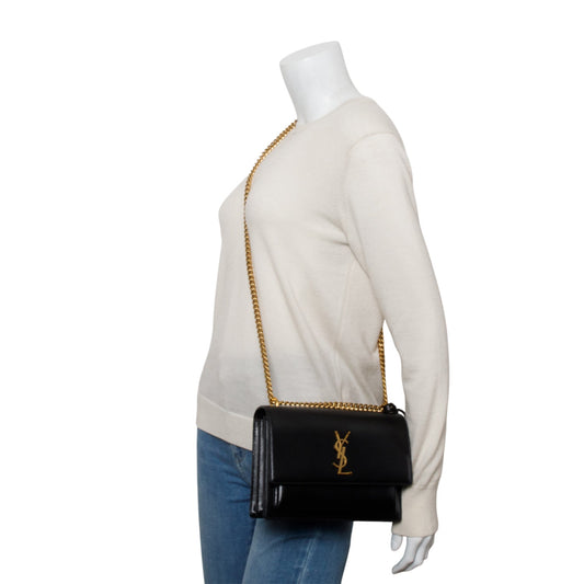 Saint Laurent 2024 Black Calfskin Leather Medium Sunset Shoulder Bag