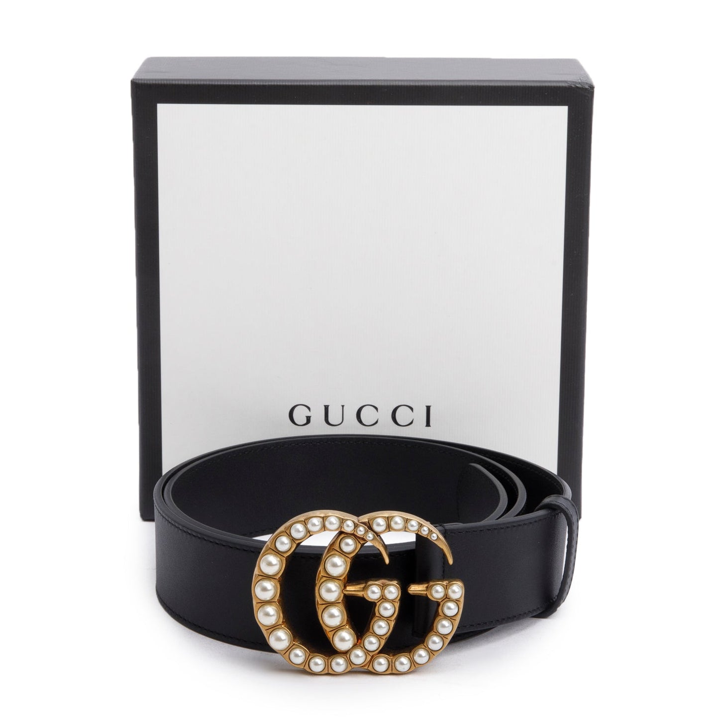 Gucci Black Leather GG Marmont Wide Belt With Pearls 95 38
