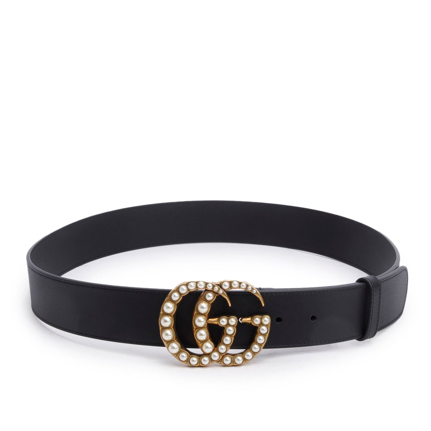 Gucci Black Leather GG Marmont Wide Belt With Pearls 95 38