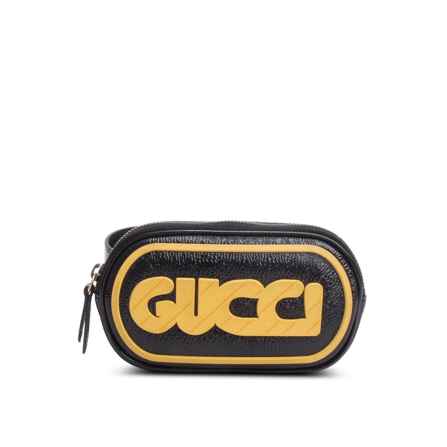Gucci Black Patent Leather & Yellow Rubber Game Patch Logo Belt Bag, Size 85 34