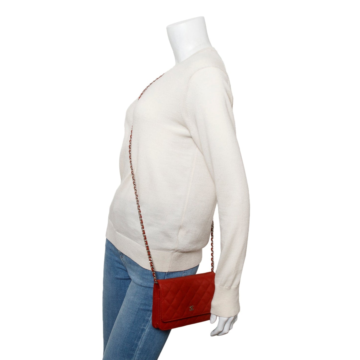 Chanel Red Quilted Caviar Leather Classic Wallet on Chain