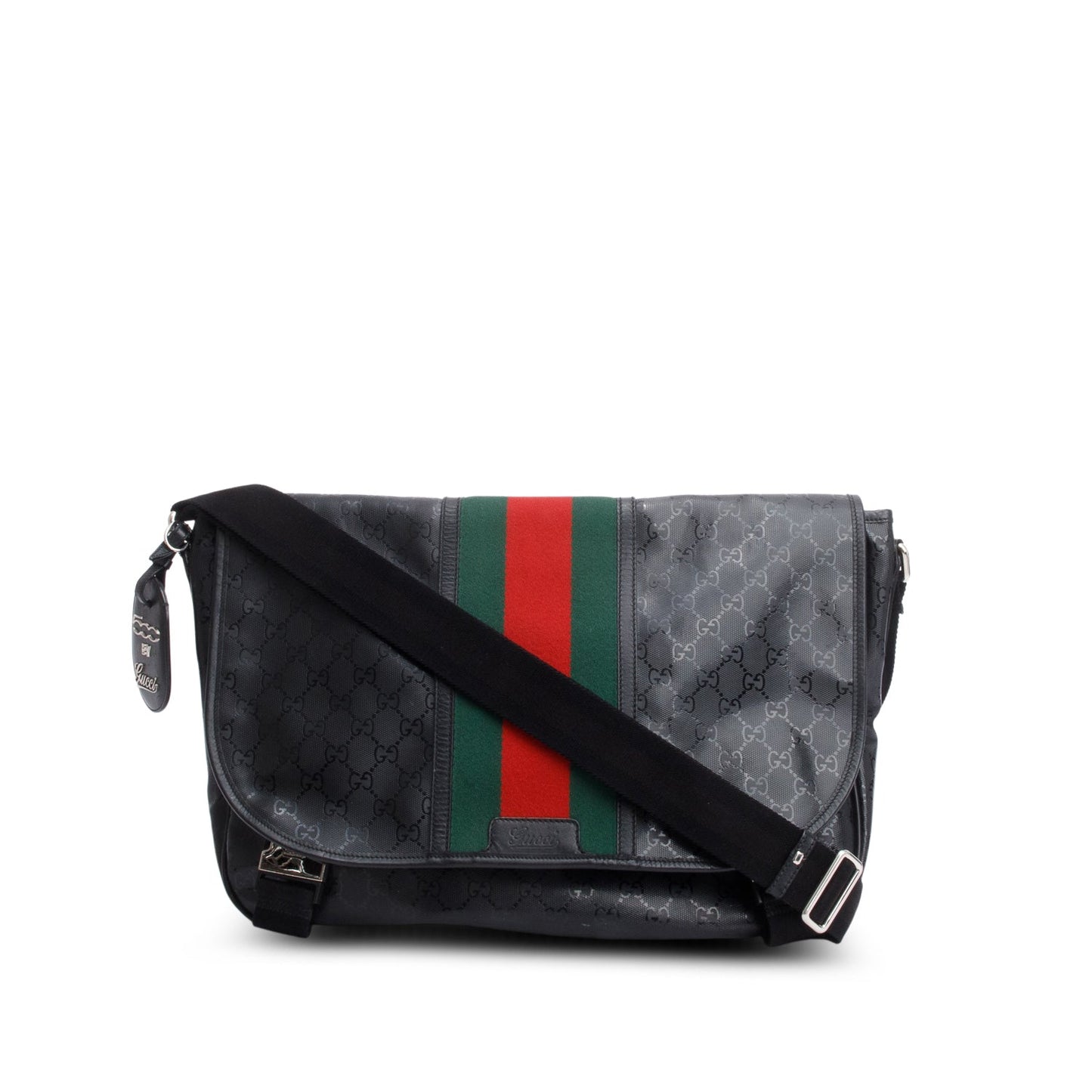 Gucci Black Imprime Monogram Medium Web 500 Double Buckle Flap Messenger Bag