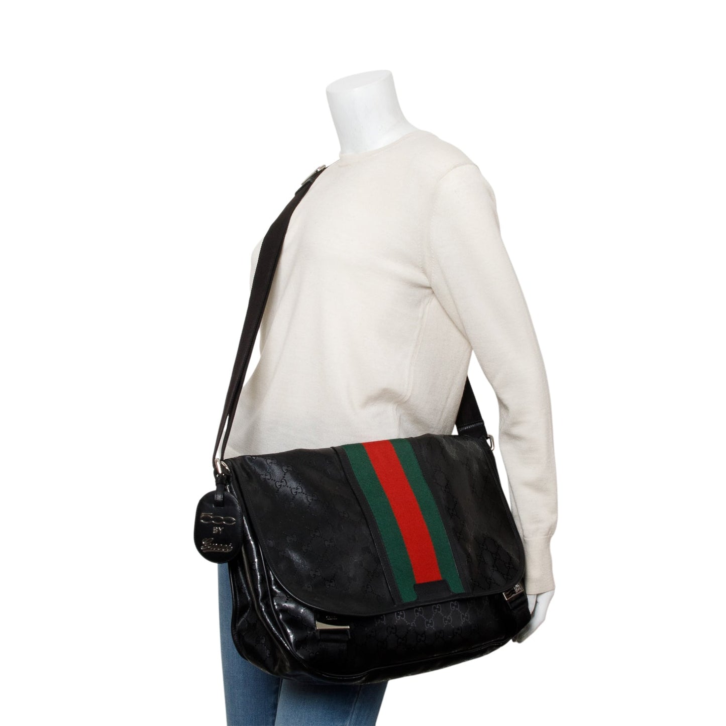 Gucci Black Imprime Monogram Medium Web 500 Double Buckle Flap Messenger Bag
