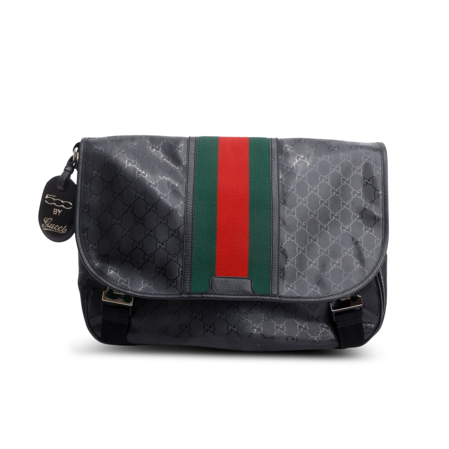 Gucci Black Imprime Monogram Medium Web 500 Double Buckle Flap Messenger Bag