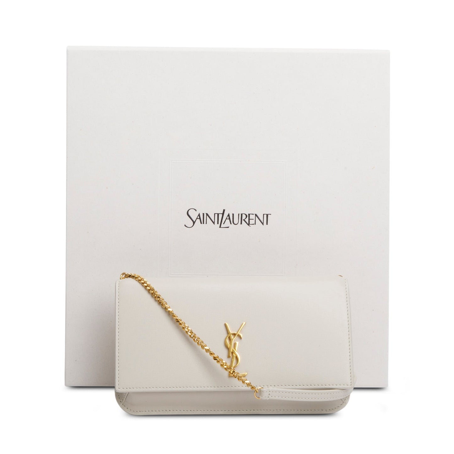 Saint Laurent 2024 White Smooth Leather Cassandre Phone Holder Bag