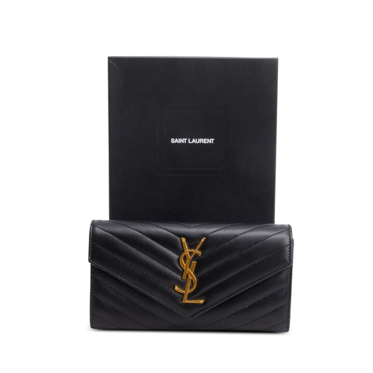 Saint Laurent 2021 Black Lambskin Leather Cassandre Matelasse Large Flap Wallet