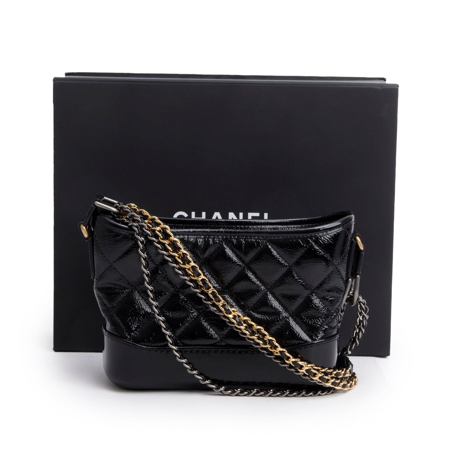 Chanel 2020 Black Patent Leather Aged Lambskin Small Gabrielle Hobo