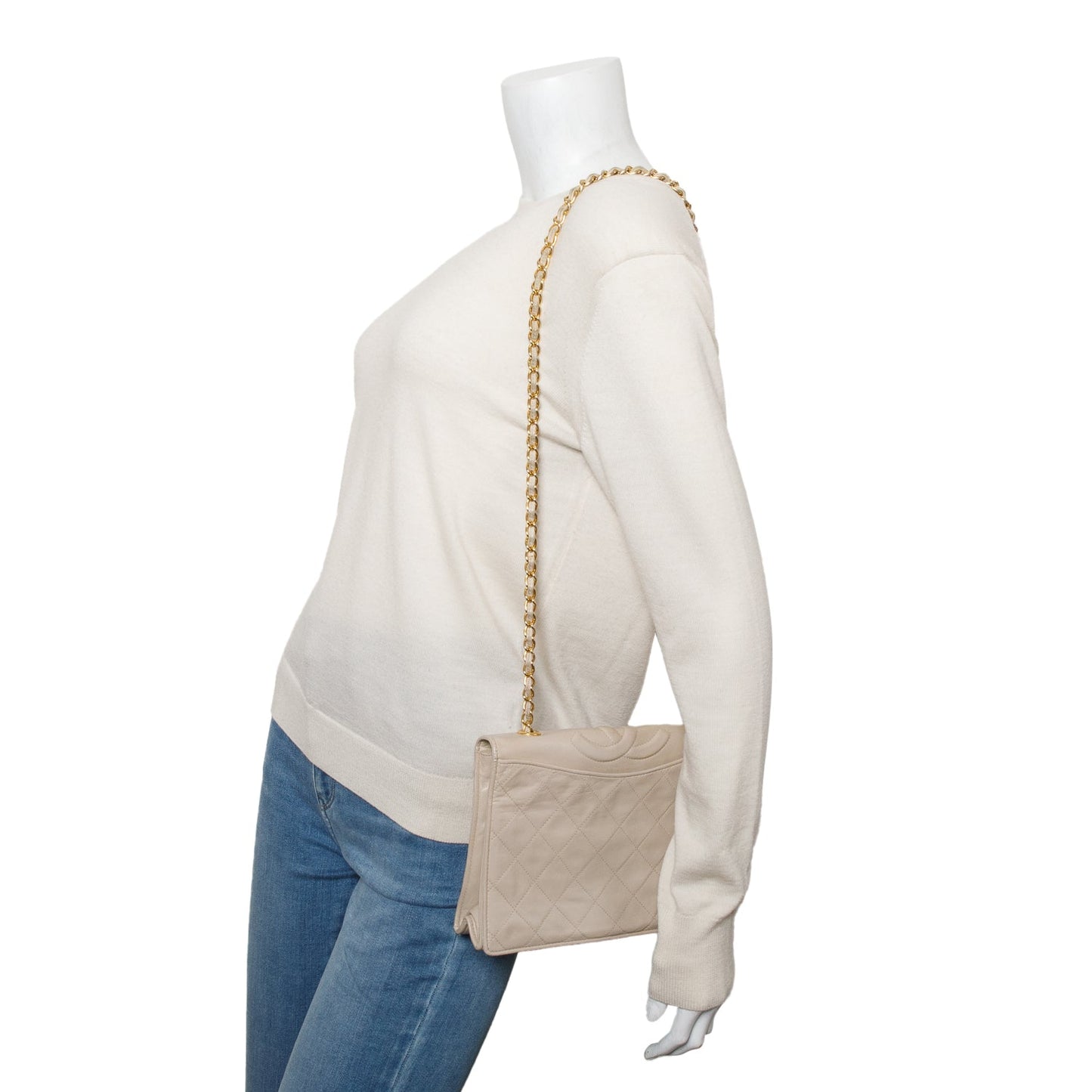 Chanel Vintage Cream Quilted Lambskin CC Matelasse Chain Shoulder Bag