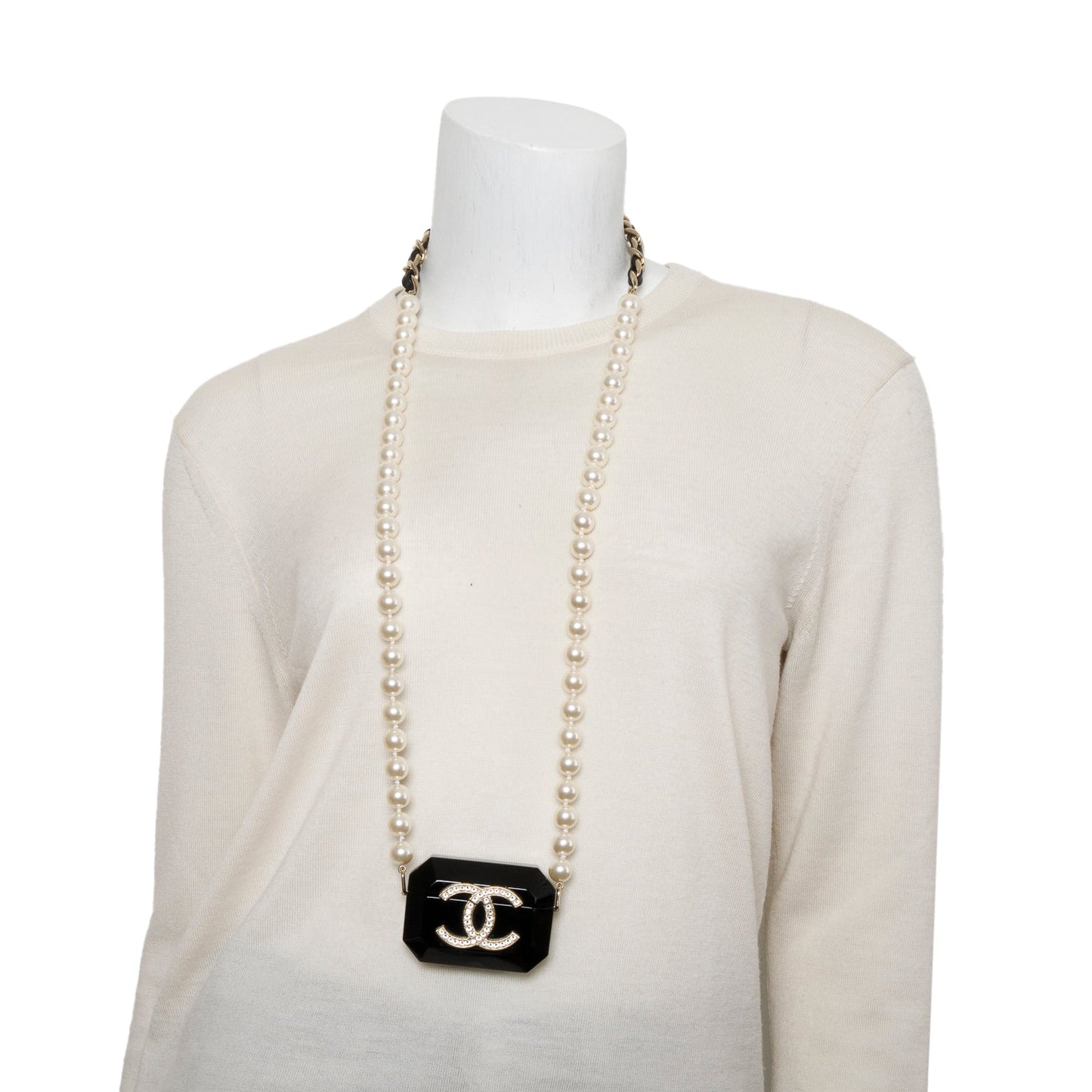 Chanel 2021 Black Resin Crystal CC Faux Pearl Airpod Holder Necklace