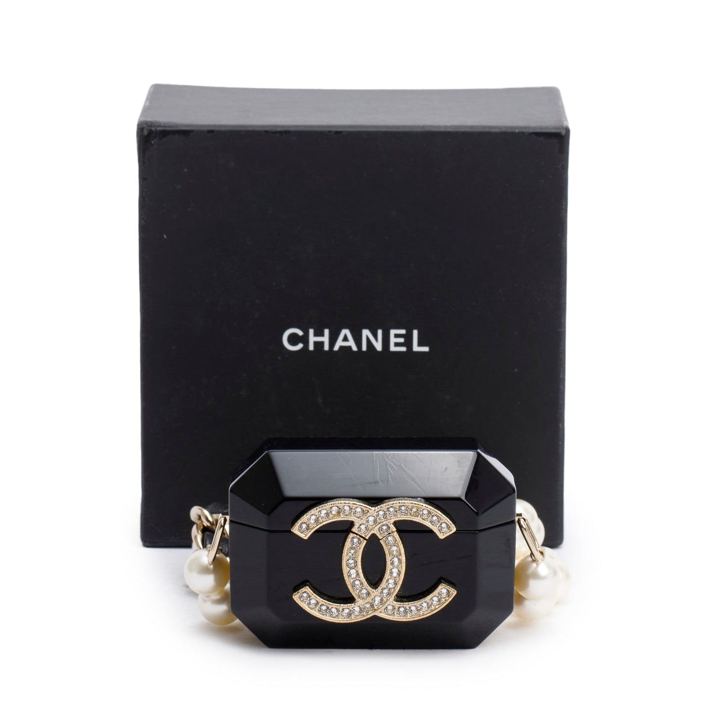 Chanel 2021 Black Resin Crystal CC Faux Pearl Airpod Holder Necklace