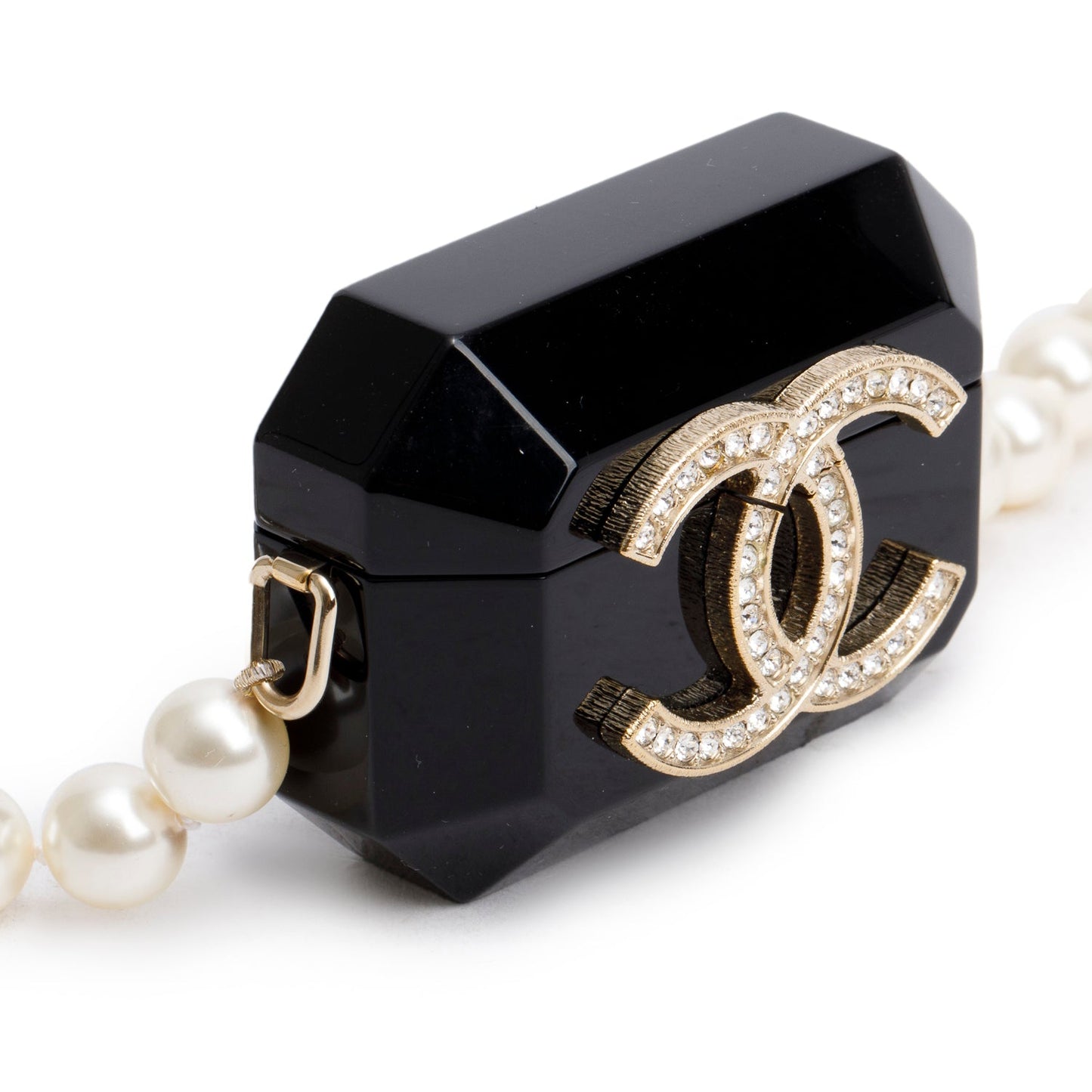 Chanel 2021 Black Resin Crystal CC Faux Pearl Airpod Holder Necklace