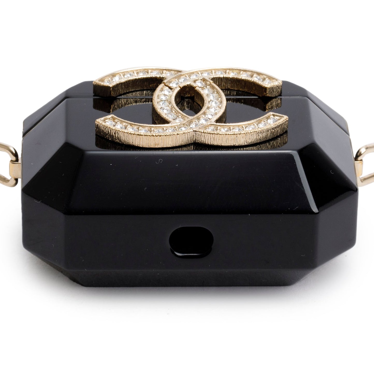 Chanel 2021 Black Resin Crystal CC Faux Pearl Airpod Holder Necklace