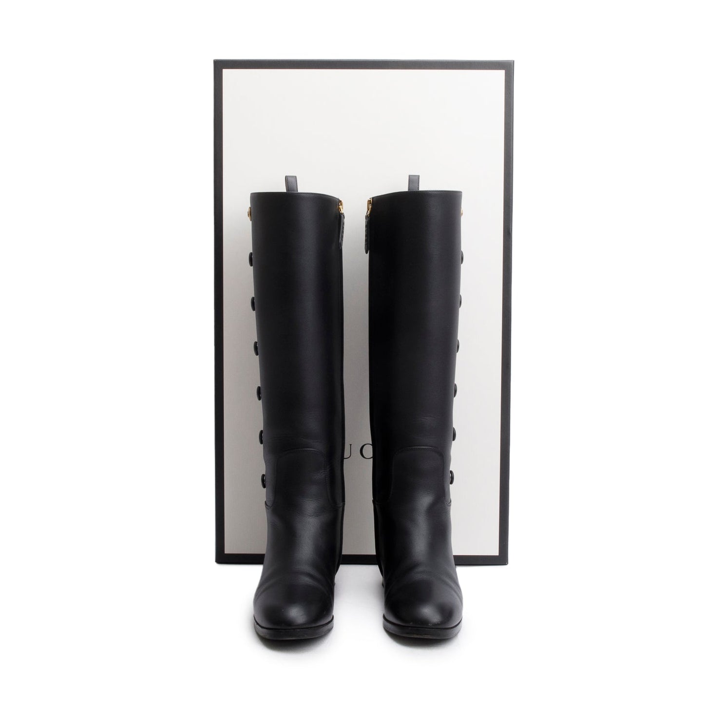 Gucci Black Calfskin Buttons Lifford Knee High Boots, Size 36