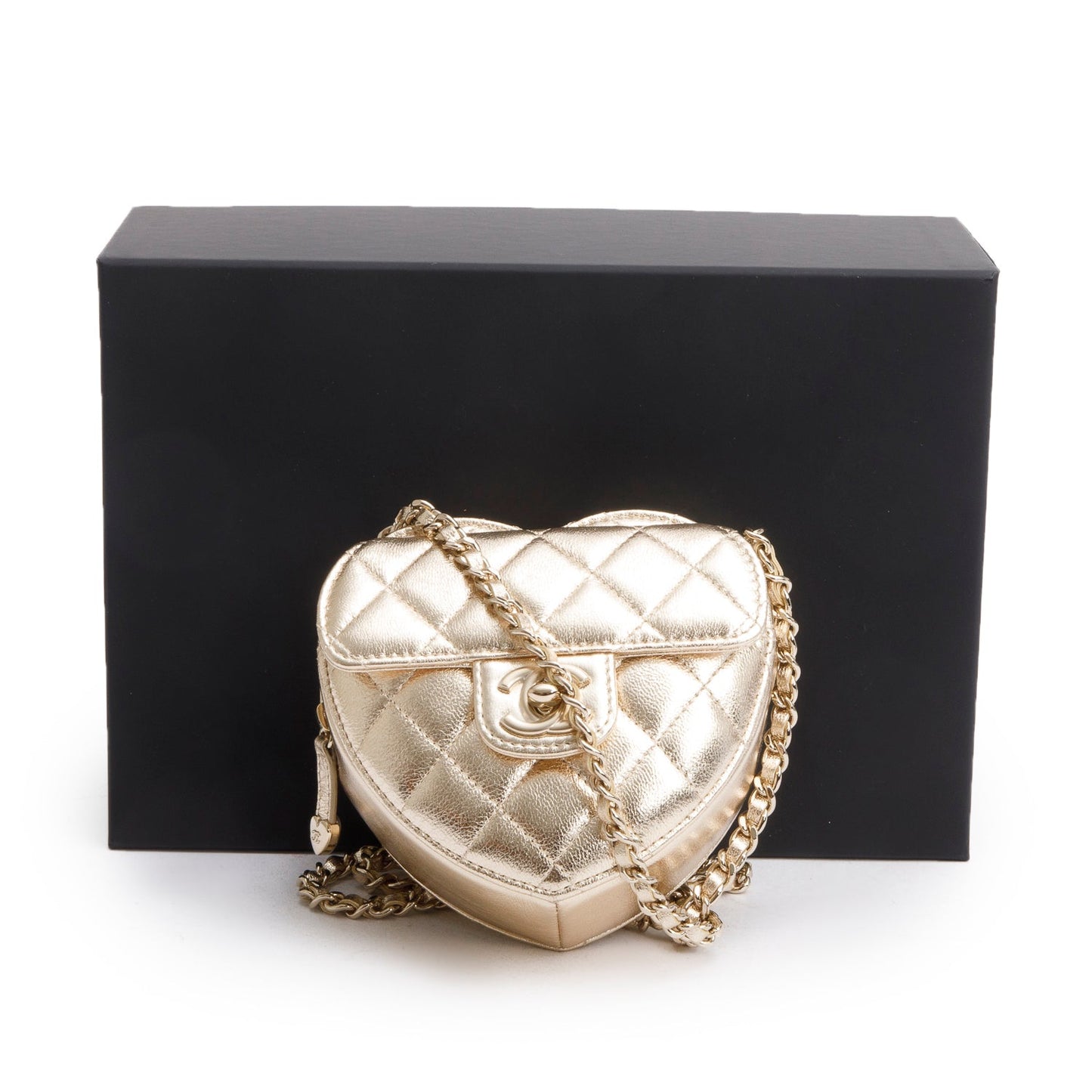 Chanel 2025 Gold Lambskin Quilted CC In Love Mini Heart Bag