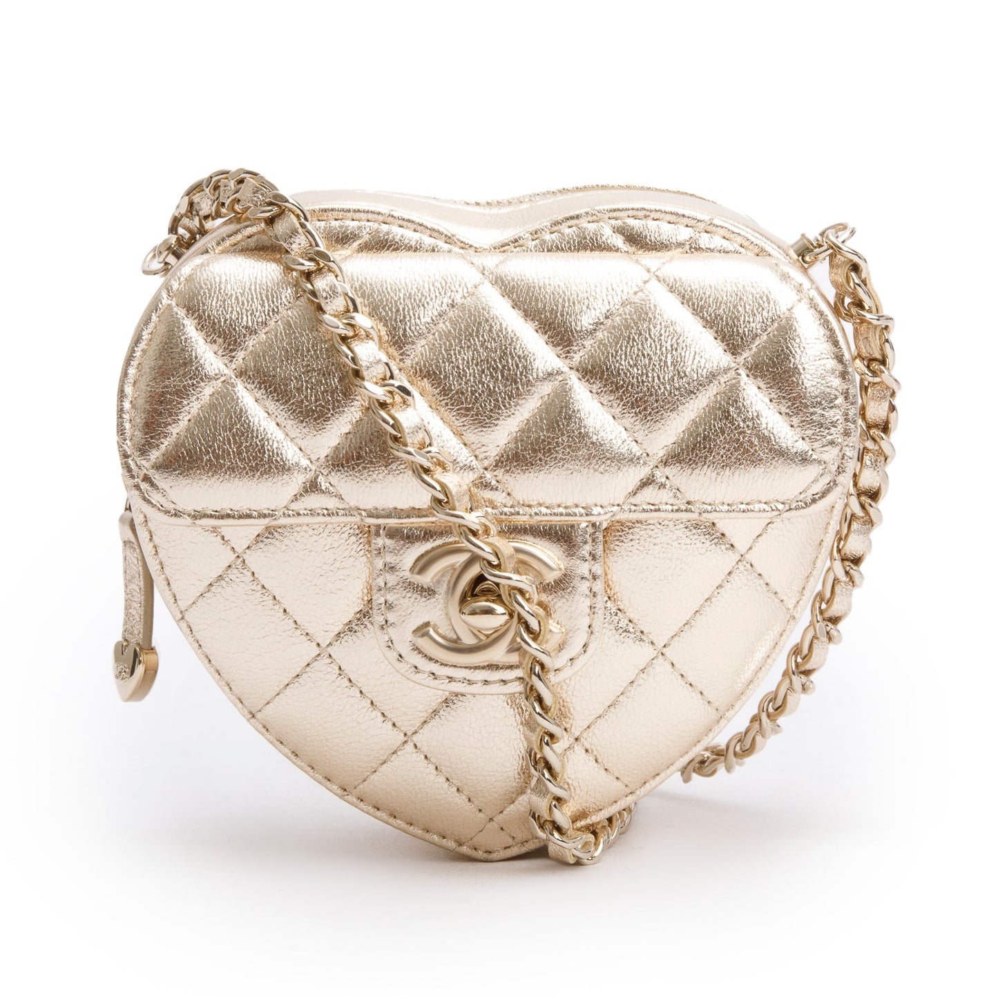 Chanel 2025 Gold Lambskin Quilted CC In Love Mini Heart Bag