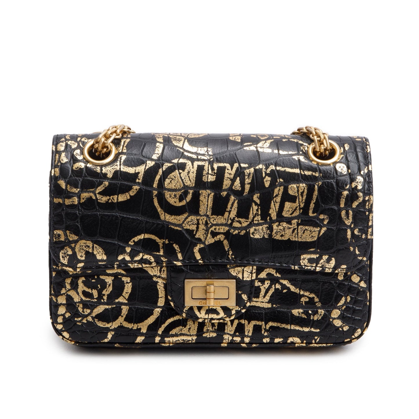 Chanel Black Calfskin Croc Embossed Grafitti 2.55 Mini Reissue Flap Bag