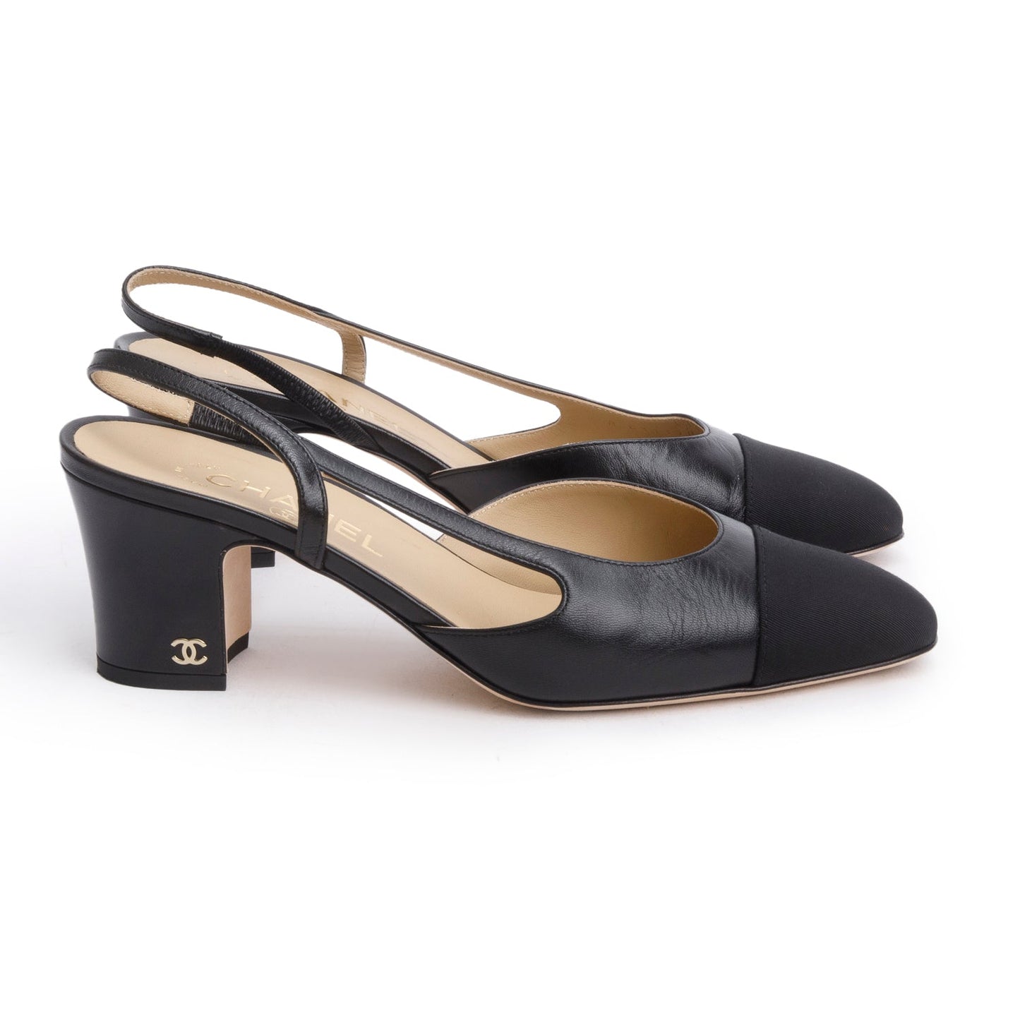 Chanel Black Goatskin & Grosgrain Cap Toe CC Slingback Pumps, Size 39.5