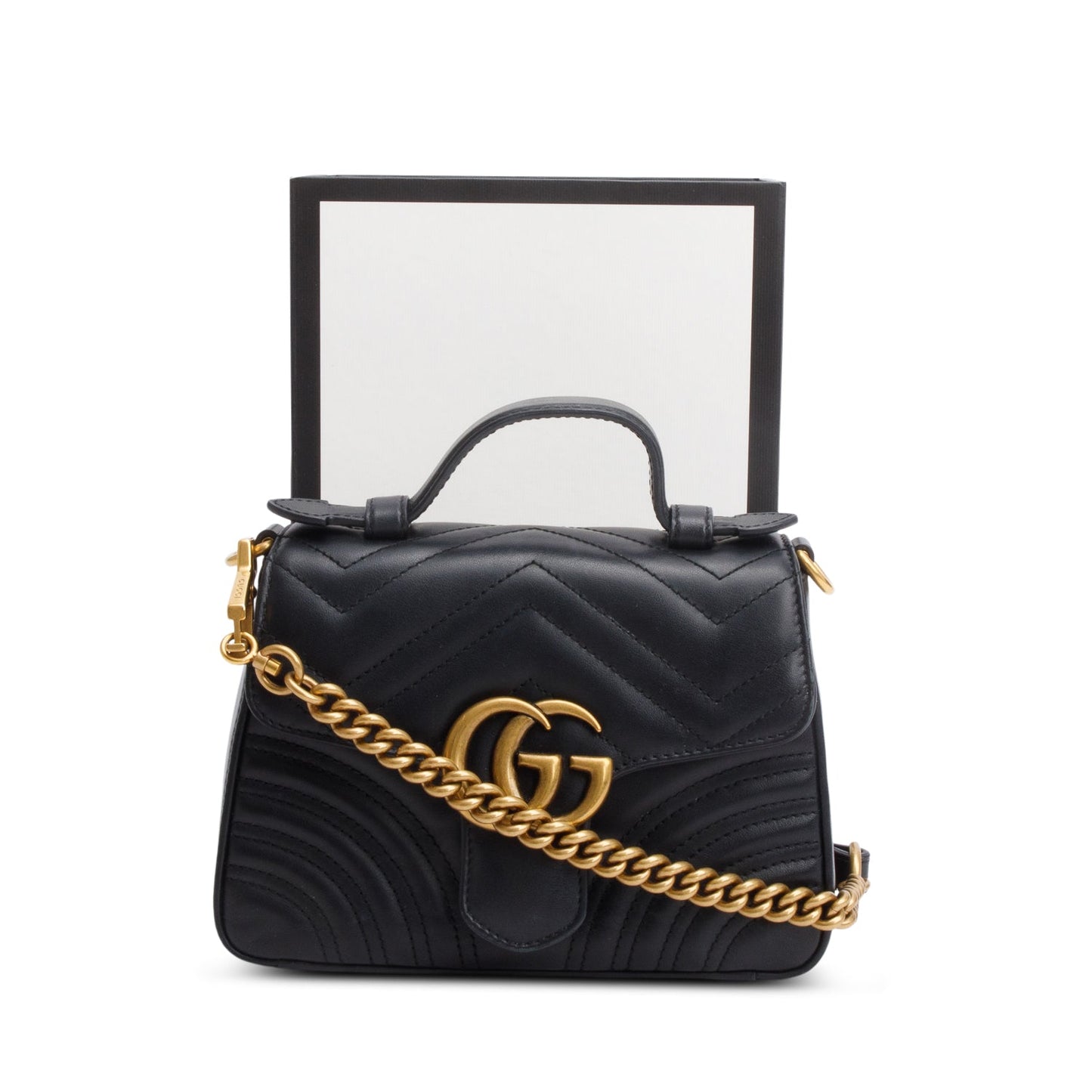 Gucci Black Calfskin Matelasse Mini GG Marmont Top Handle Shoulder Bag