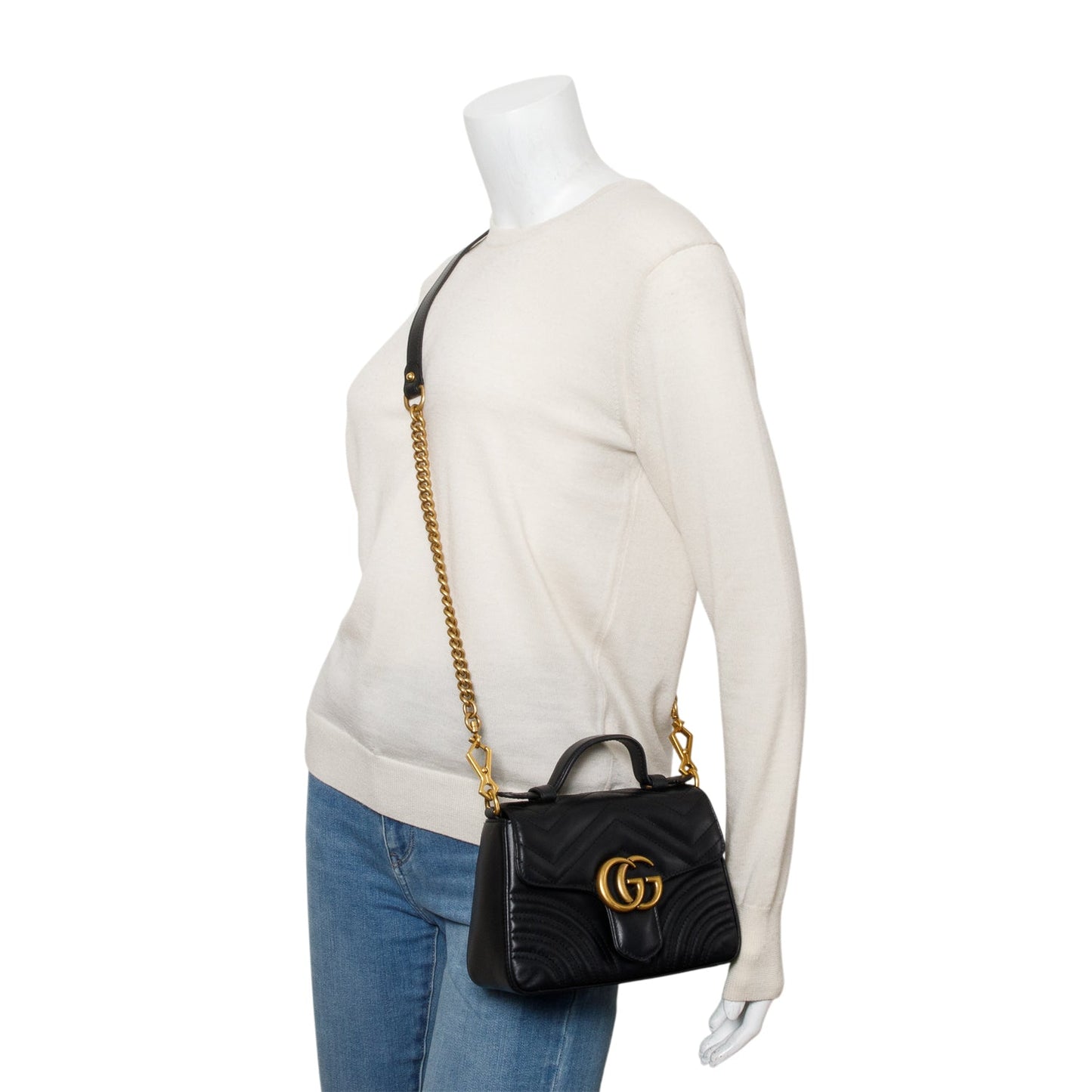 Gucci Black Calfskin Matelasse Mini GG Marmont Top Handle Shoulder Bag