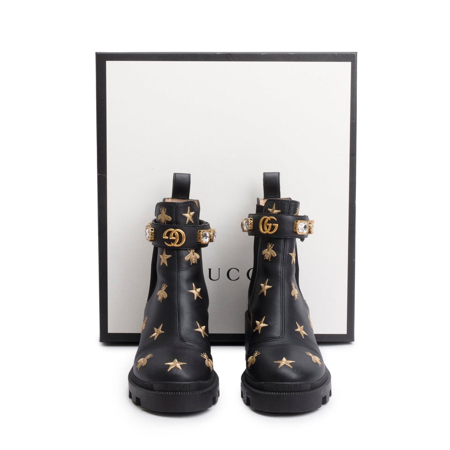 Gucci Black Calfskin Bee Star Embroidered Crystal Belt Ankle Boots, Size 36