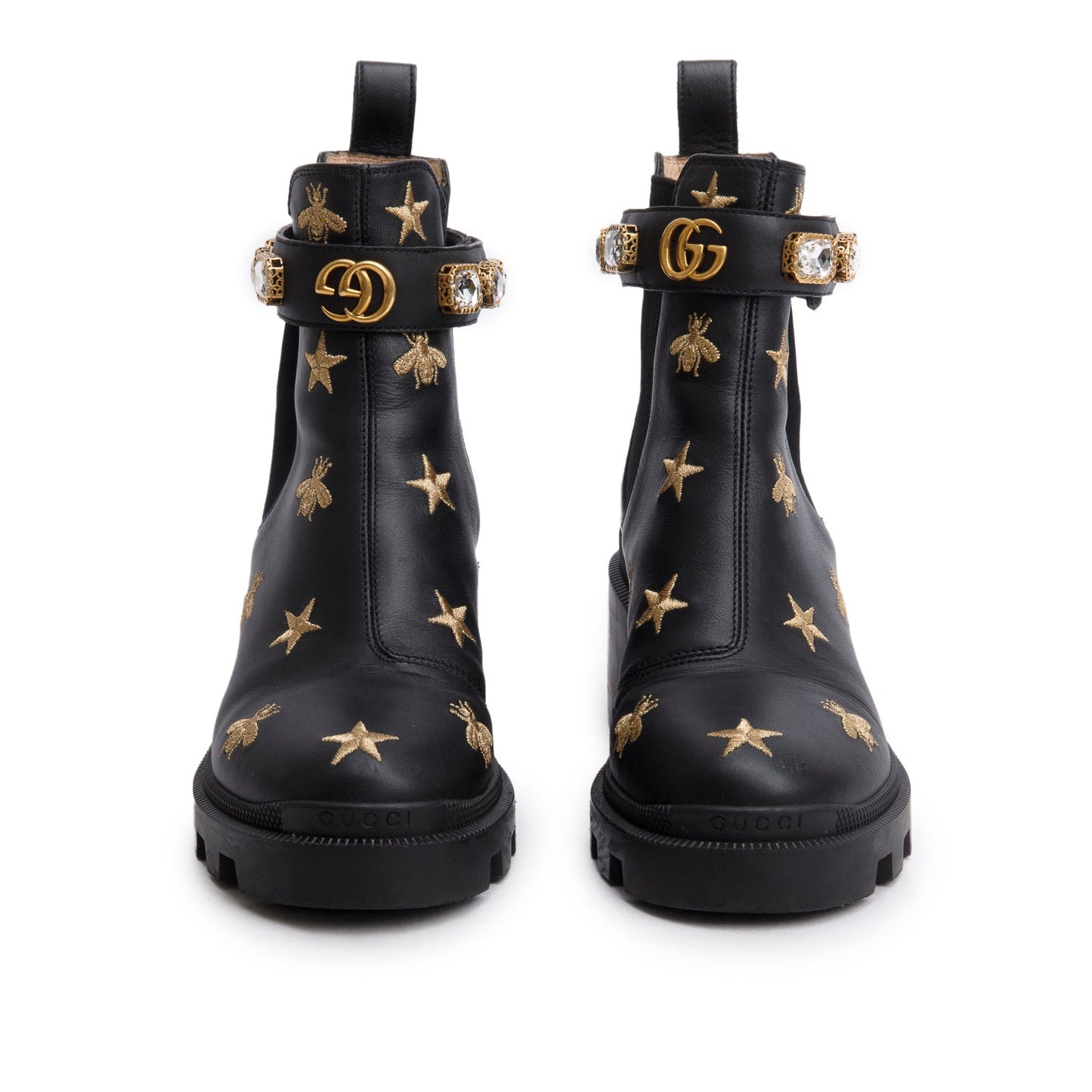 Gucci Black Calfskin Bee Star Embroidered Crystal Belt Ankle Boots, Size 36