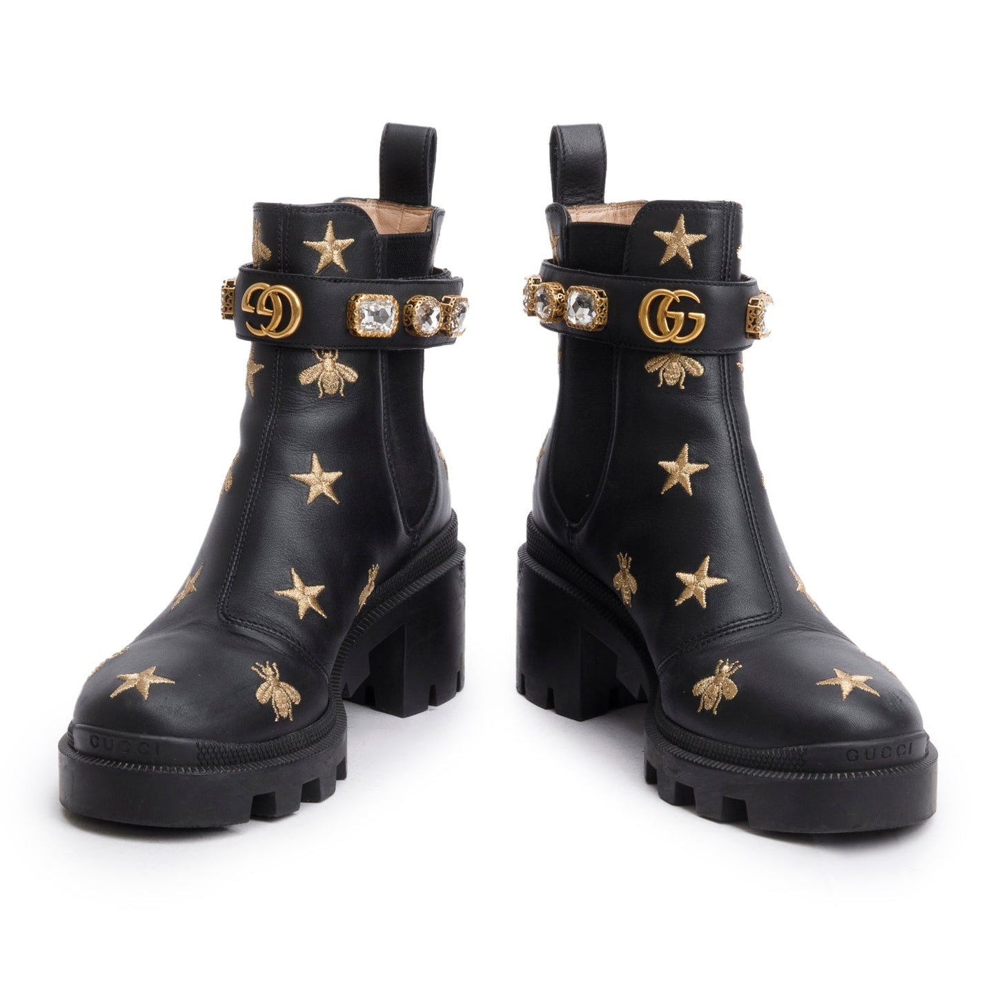 Gucci Black Calfskin Bee Star Embroidered Crystal Belt Ankle Boots, Size 36