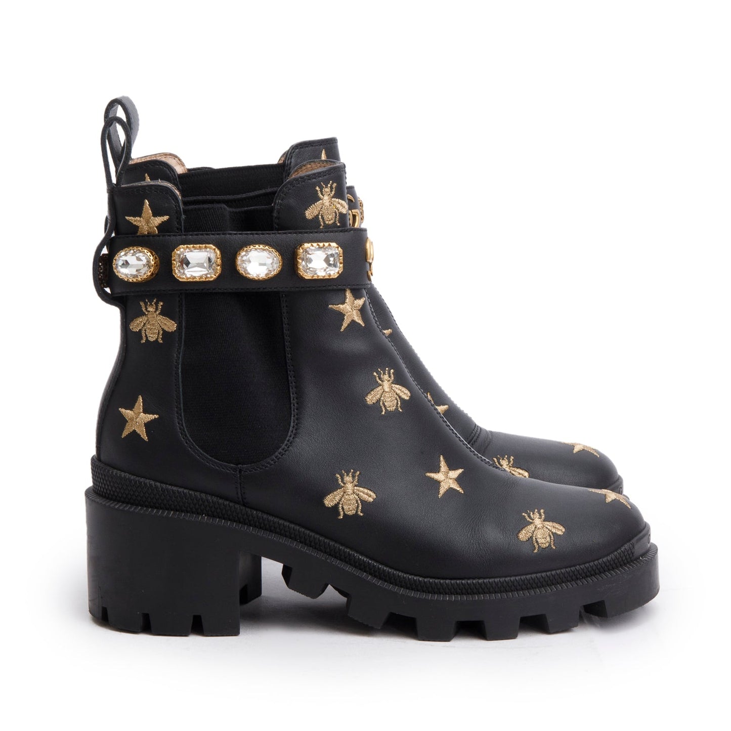 Gucci Black Calfskin Bee Star Embroidered Crystal Belt Ankle Boots, Size 36