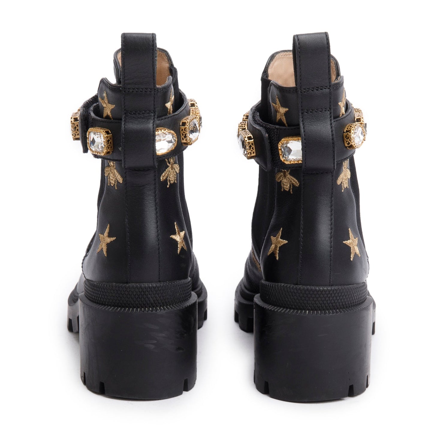 Gucci Black Calfskin Bee Star Embroidered Crystal Belt Ankle Boots, Size 36