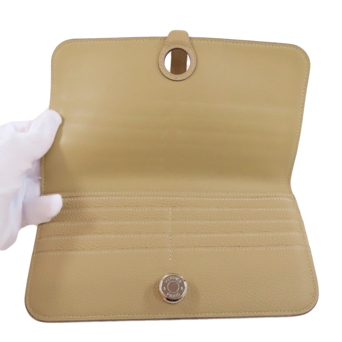 HERMES Long Wallet Purse Togo beige Dogon Long SilverMetal Women