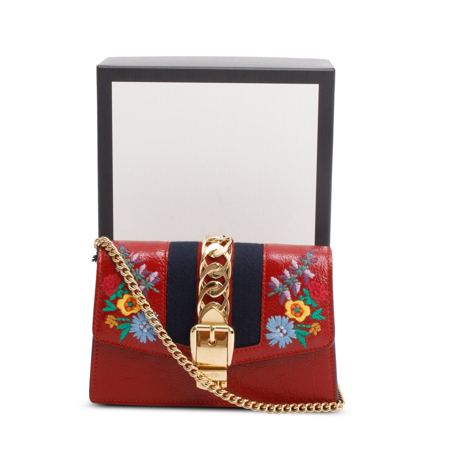 Gucci Red Patent Embroidered Super Mini Sylvie Chain Shoulder Bag