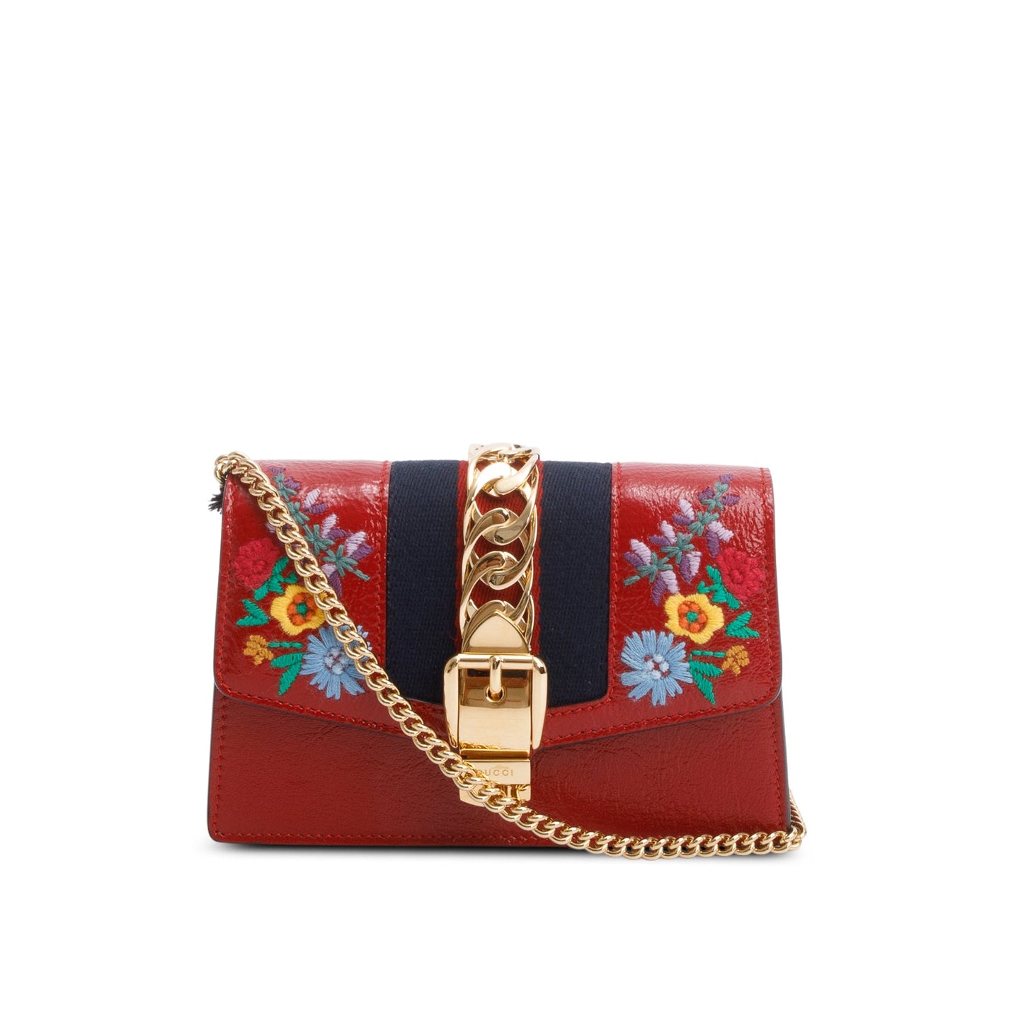 Gucci Red Patent Embroidered Super Mini Sylvie Chain Shoulder Bag