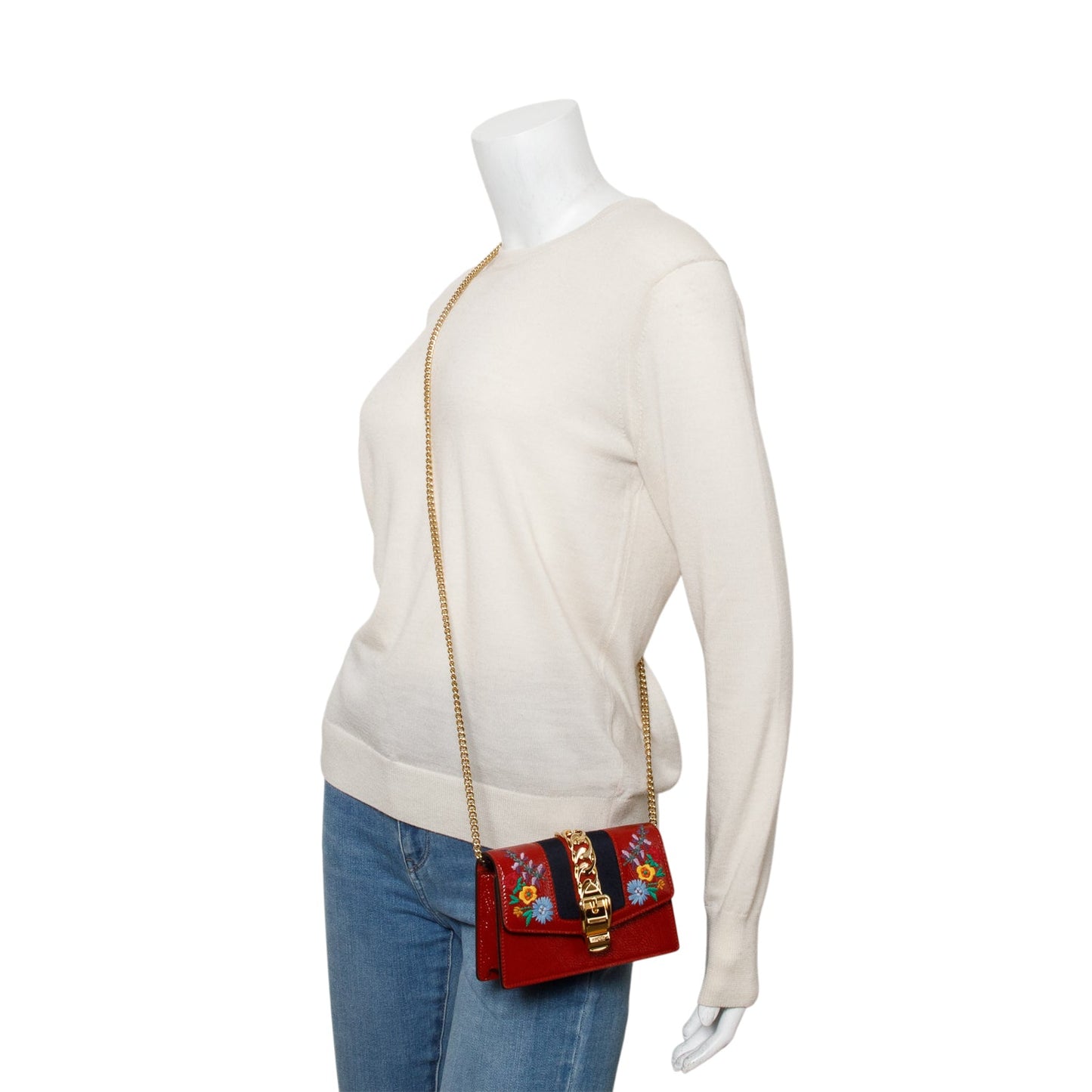 Gucci Red Patent Embroidered Super Mini Sylvie Chain Shoulder Bag