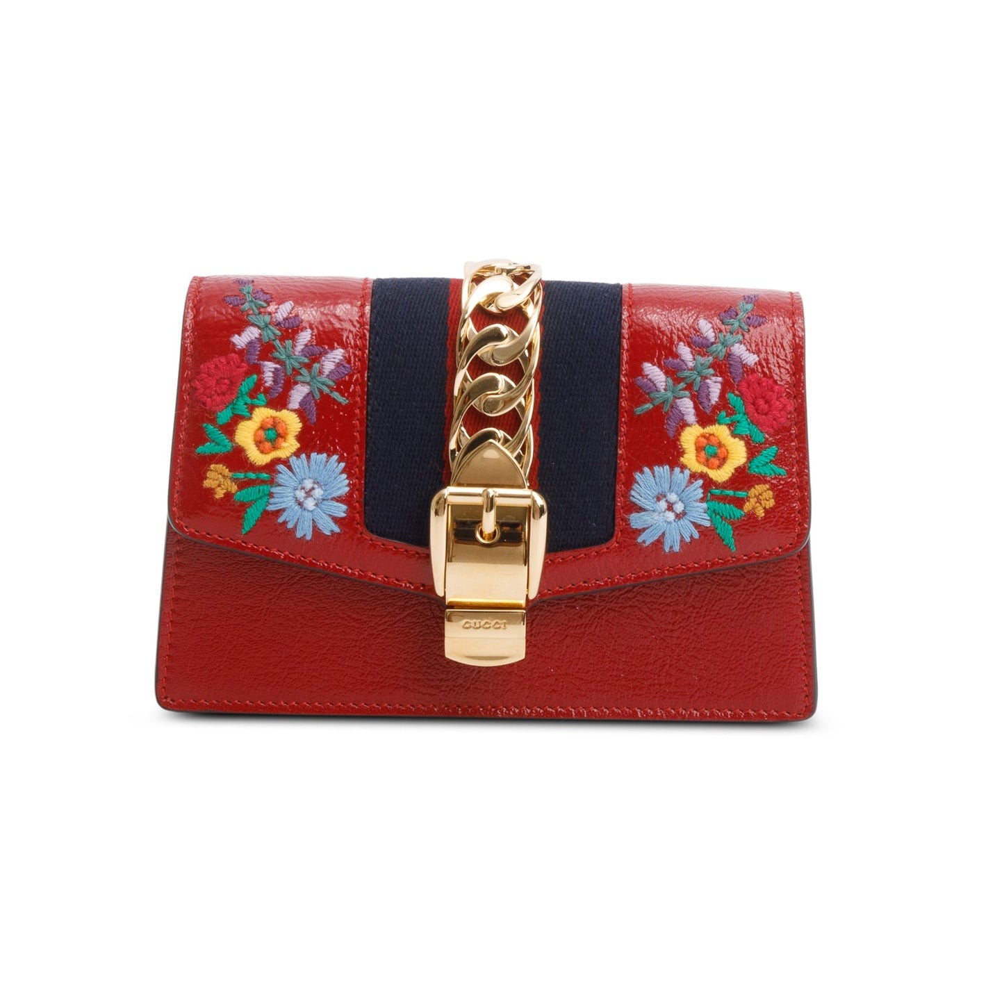 Gucci Red Patent Embroidered Super Mini Sylvie Chain Shoulder Bag
