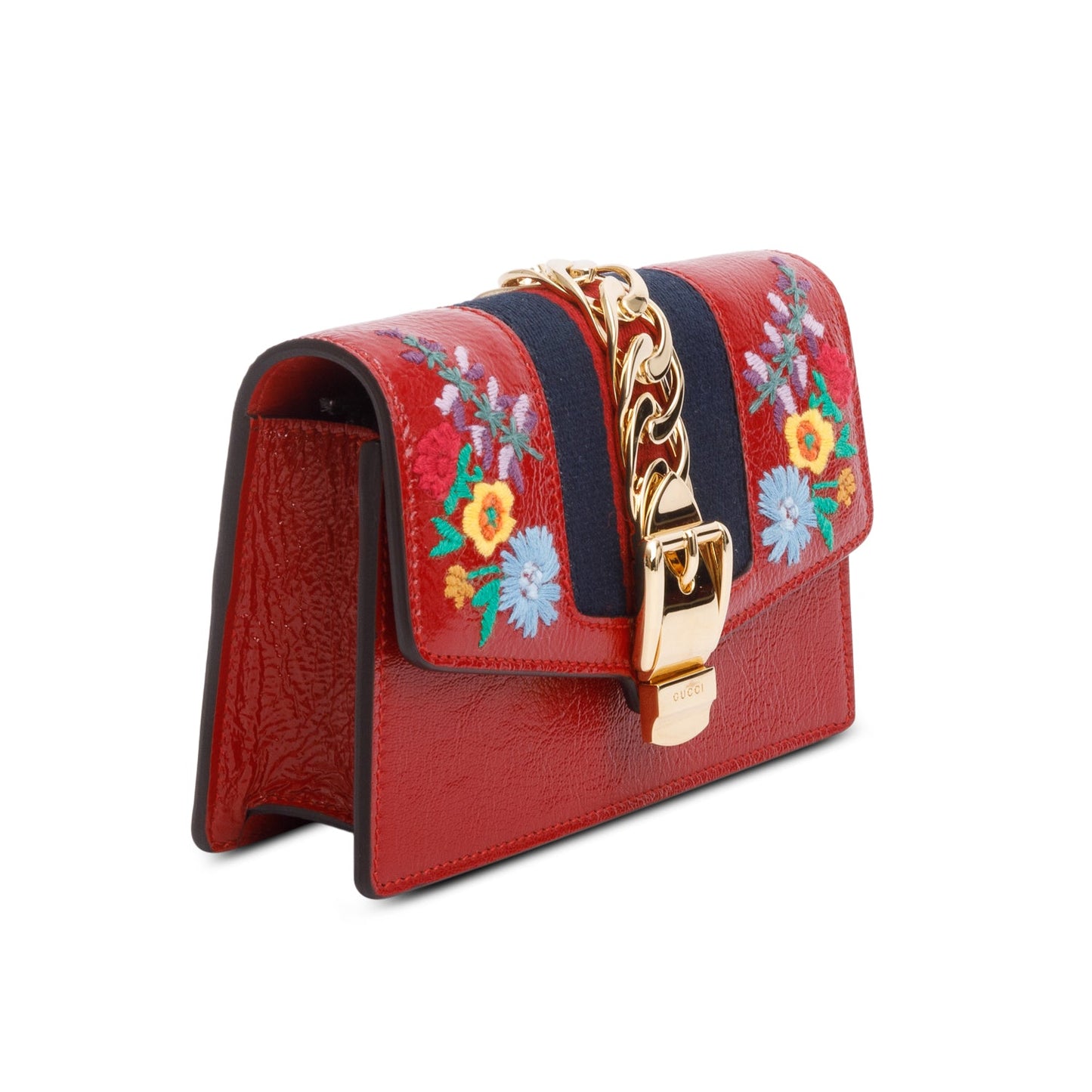 Gucci Red Patent Embroidered Super Mini Sylvie Chain Shoulder Bag