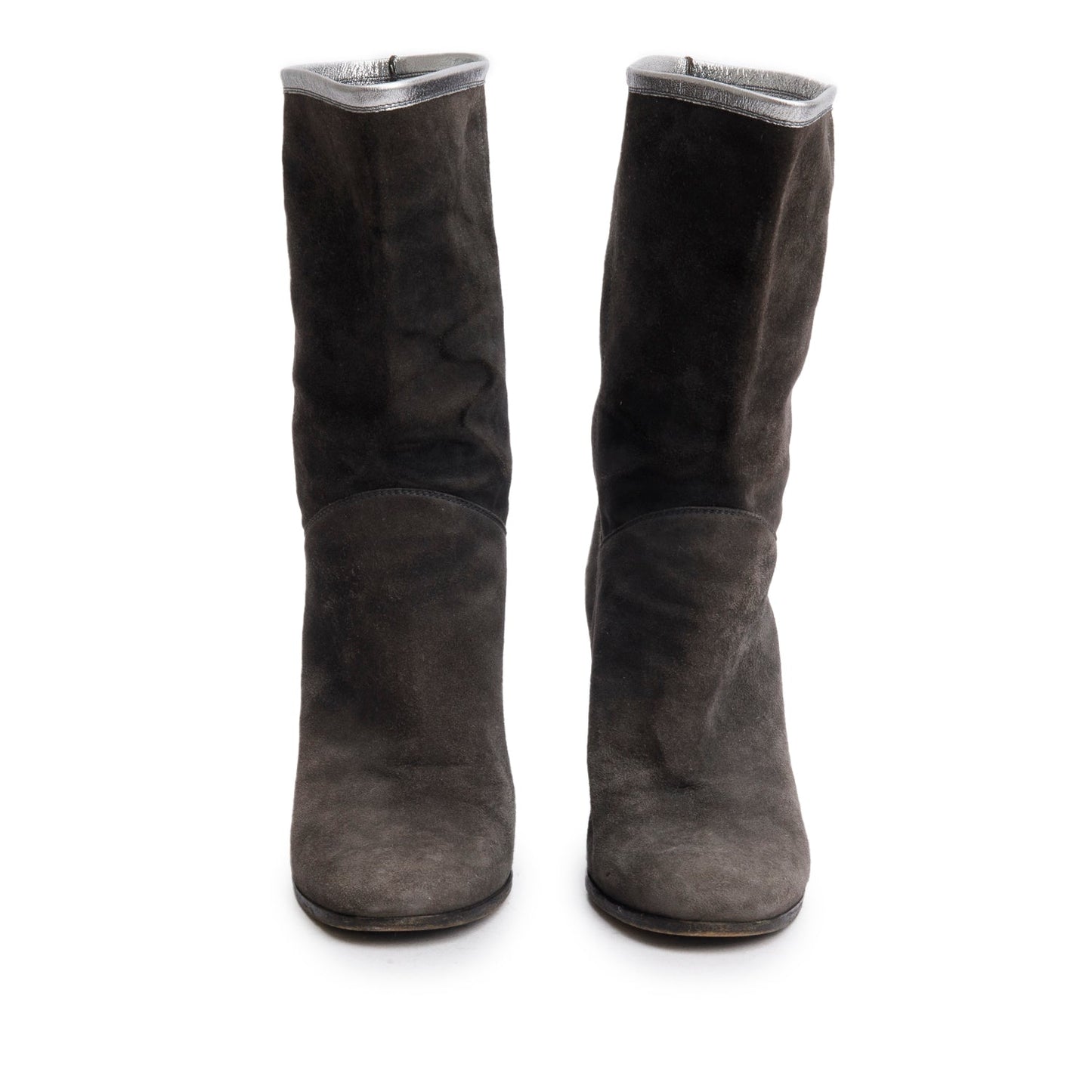 Chanel Grey Suede Interlocking CC Mid Calf Booties, Size 38