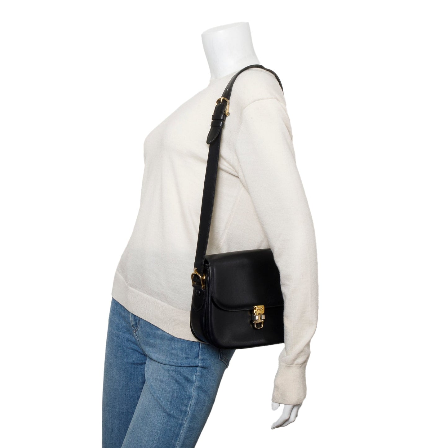 Celine Vintage Black Leather Horse Carriage Shoulder Bag