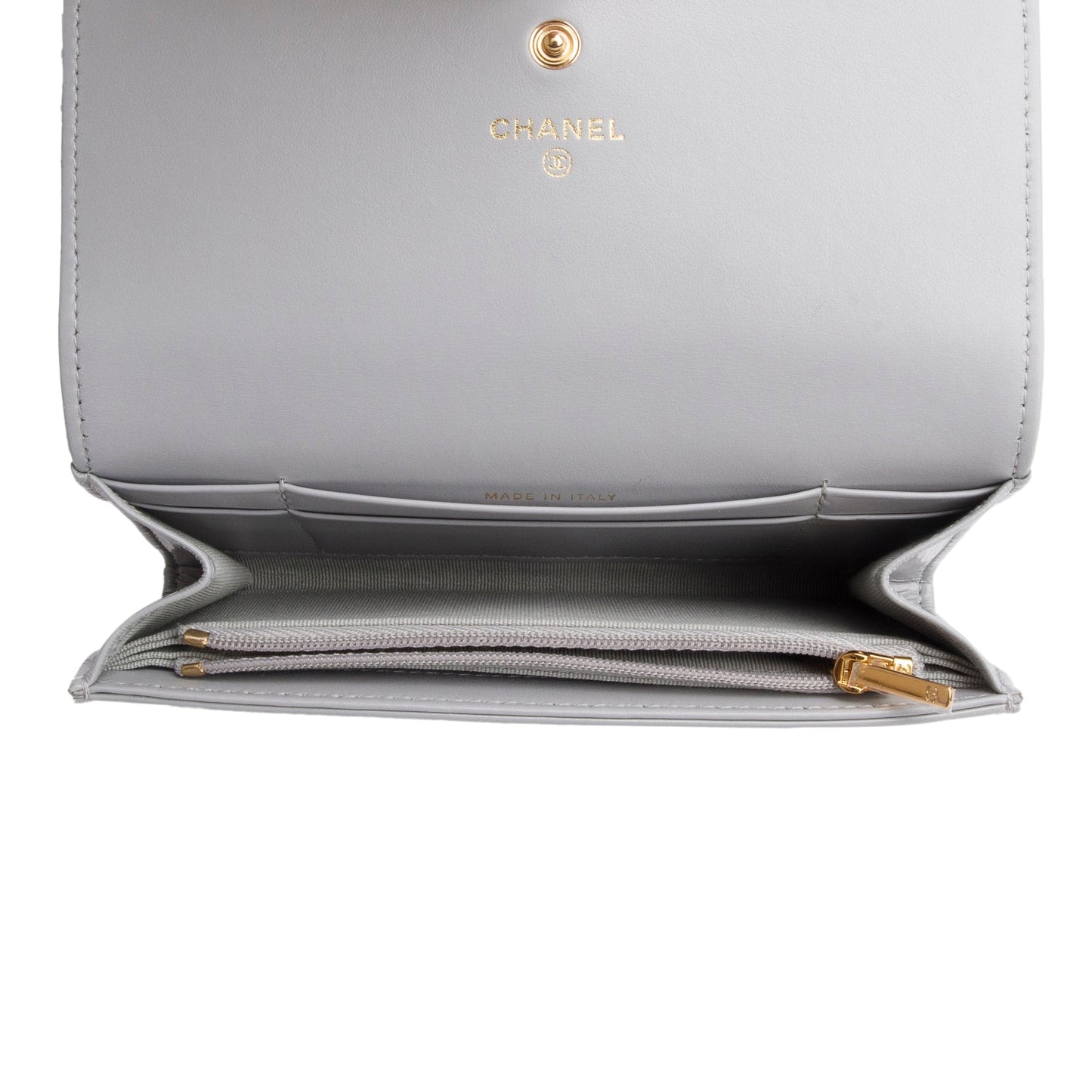 Chanel Grey Shiny Calfskin Leather Classic Small Flap Wallet